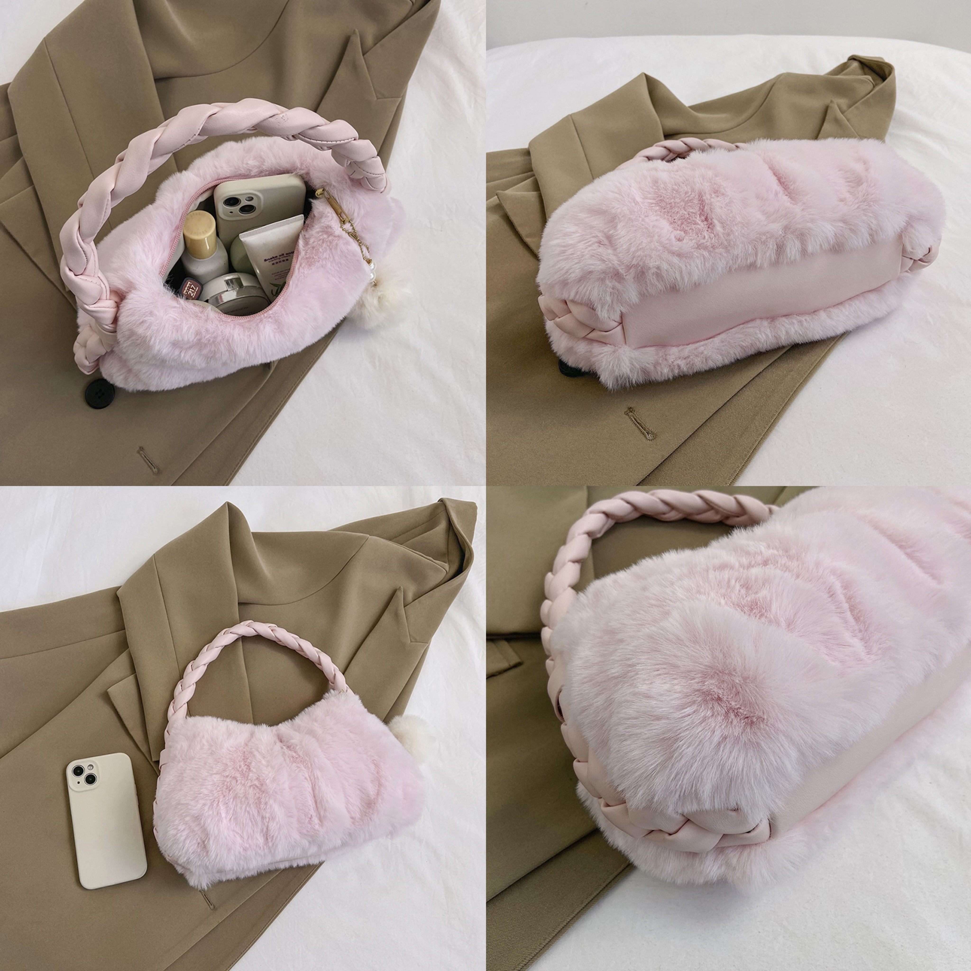 Fuzzy, Soft, Plush Twist Top Handle Fluffy Chain Satchel Bag With