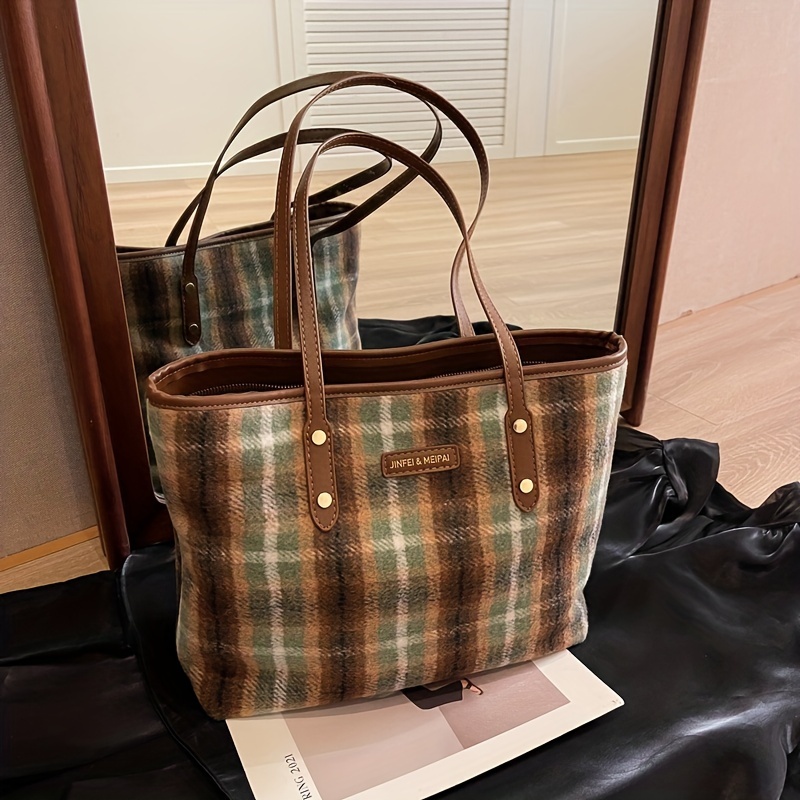 Classic Tweed Plaid Tote Bag With Twilly Scarf Decor, Large Capacity