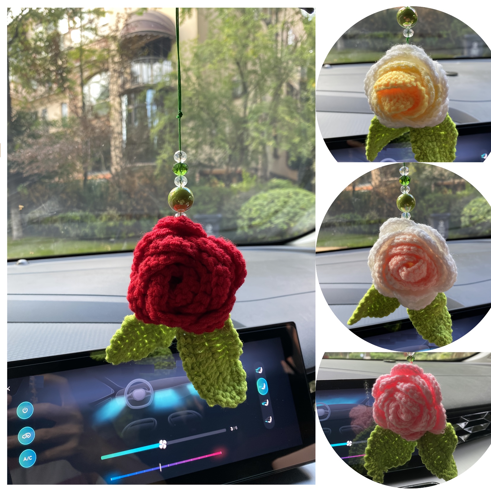 Cute Crochet Rose Flower Decor Car Hanging Ornament Rear - Temu