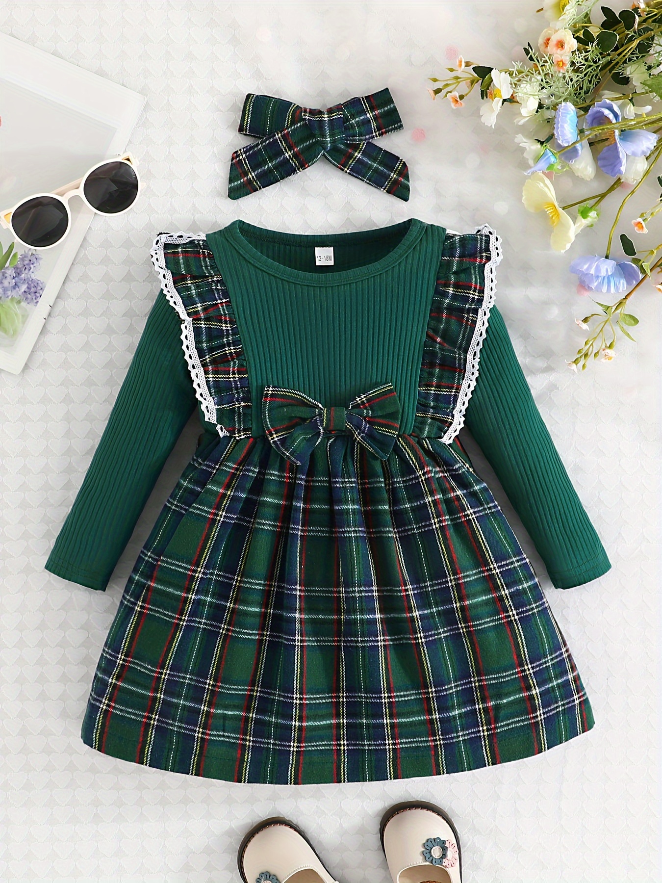 Baby Girl's Ruffle Trim Stitching Dress with Bow, Child's Casual Dress, Christmas Gifts,Temu