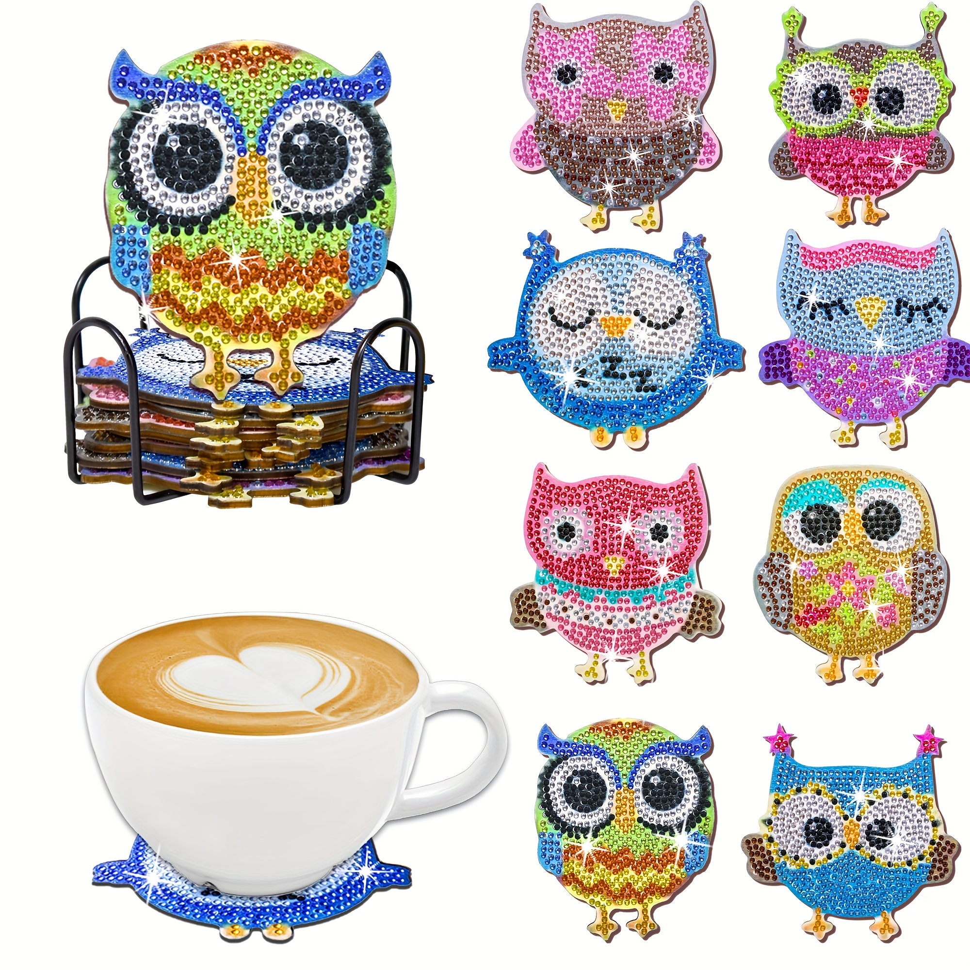 Owl Shape Artificial Diamond Painting Coaster Set Diy Owl - Temu