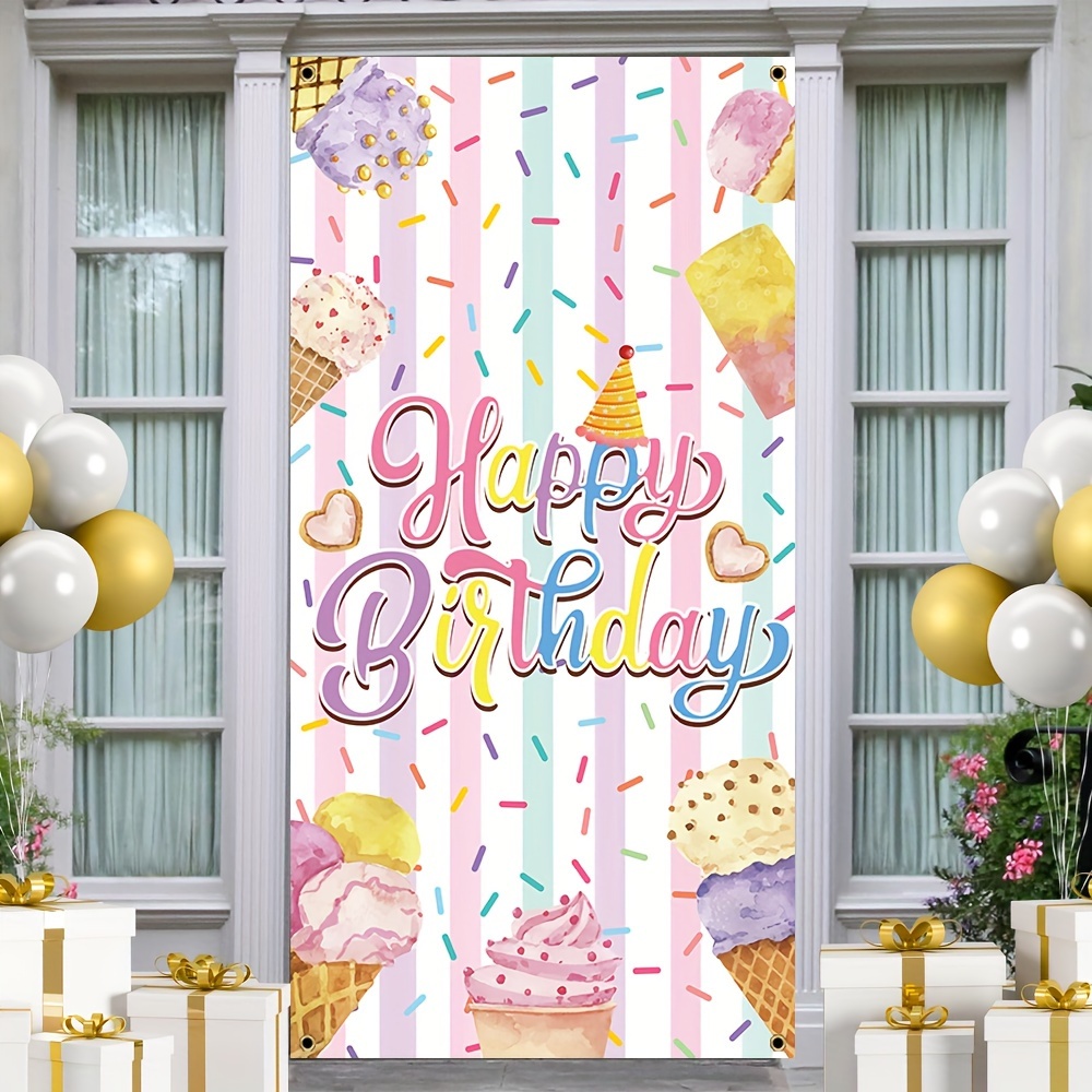 

1pc, Happy Birthday Door Cover Mural Decor, Polyester Ice Cream Color Stripe Background Porch Sign Birthday Party Party Front Door Hanging Indoor Outdoor Banner Home Decor 70x35 Inch