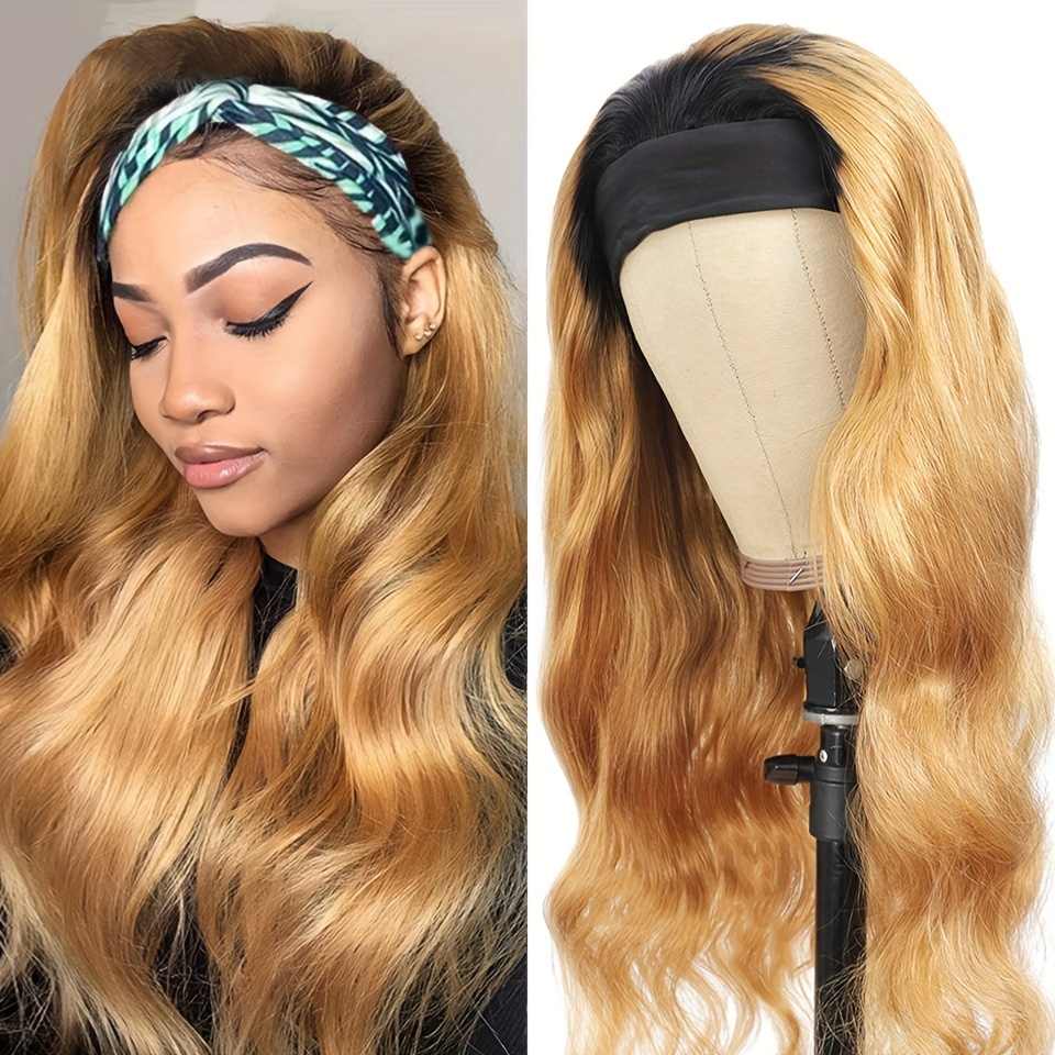 Headband Wig Human Hair Wigs For Women Ombre Brown Body Wave Human Hair Wig Honey Blonde Scarf Wig With Headbands Attached 150