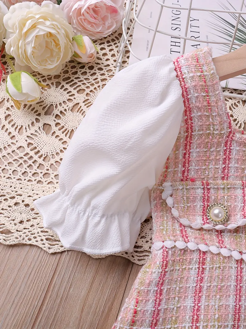 girls elegant pearl button plaid patchwork princess dress for party beach vacation kids summer clothes details 8