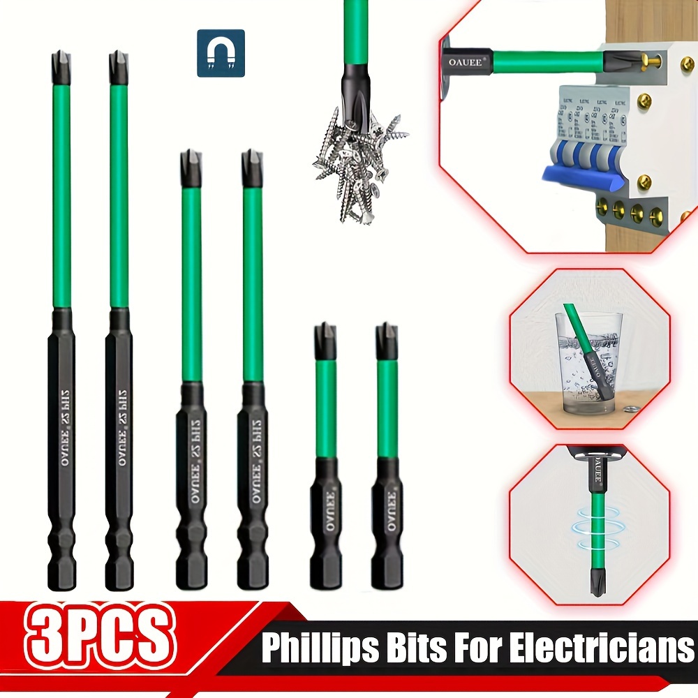 

3pcs Oauee Magnetic Special Slotted Phillips Screwdriver Bit Alloy Steel Batch Head Electrician Fph2 For Socket Switch Hand Tools