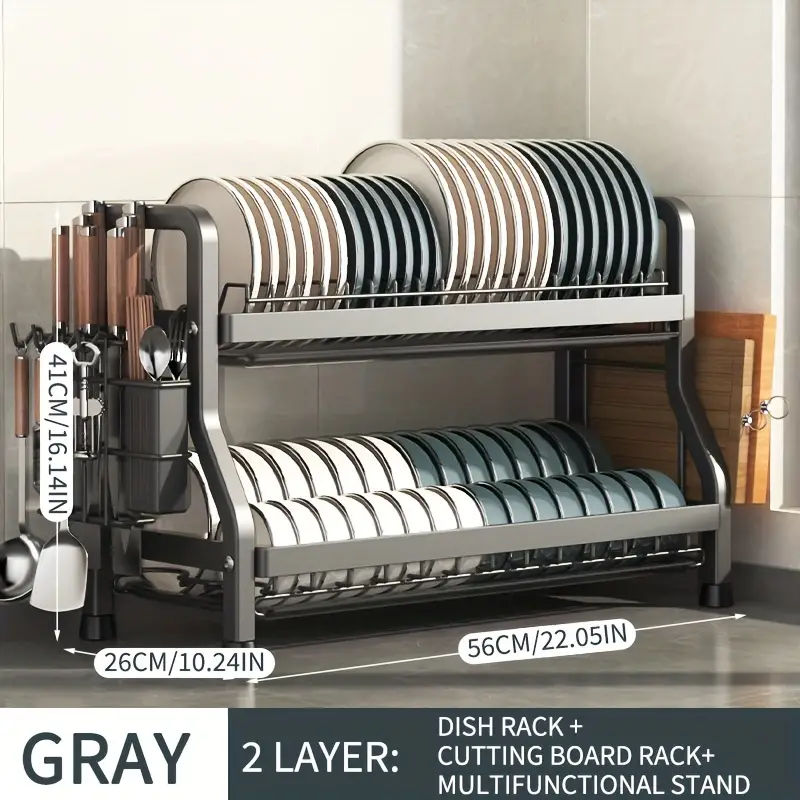 Kitchen Dish Drying Rack For Countertop, 2/3-tier Multifunctional Rustproof Dish  Drainer With Cutting Board Rack And Utensil Holder, Easy Installation,  Large Capacity Dishrack, Grey - Temu