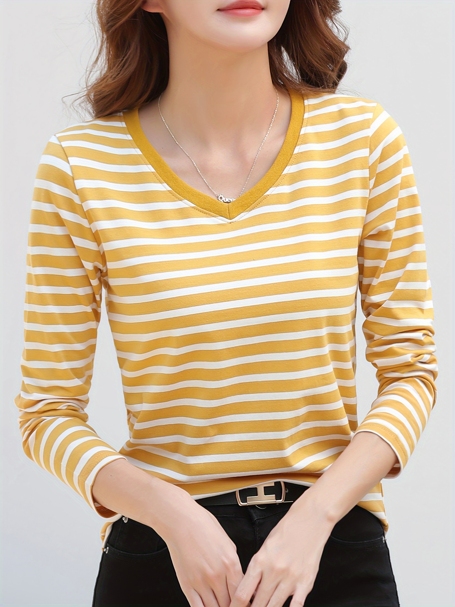 striped long sleeve t shirt v neck casual top for spring fall womens clothing yellow 1