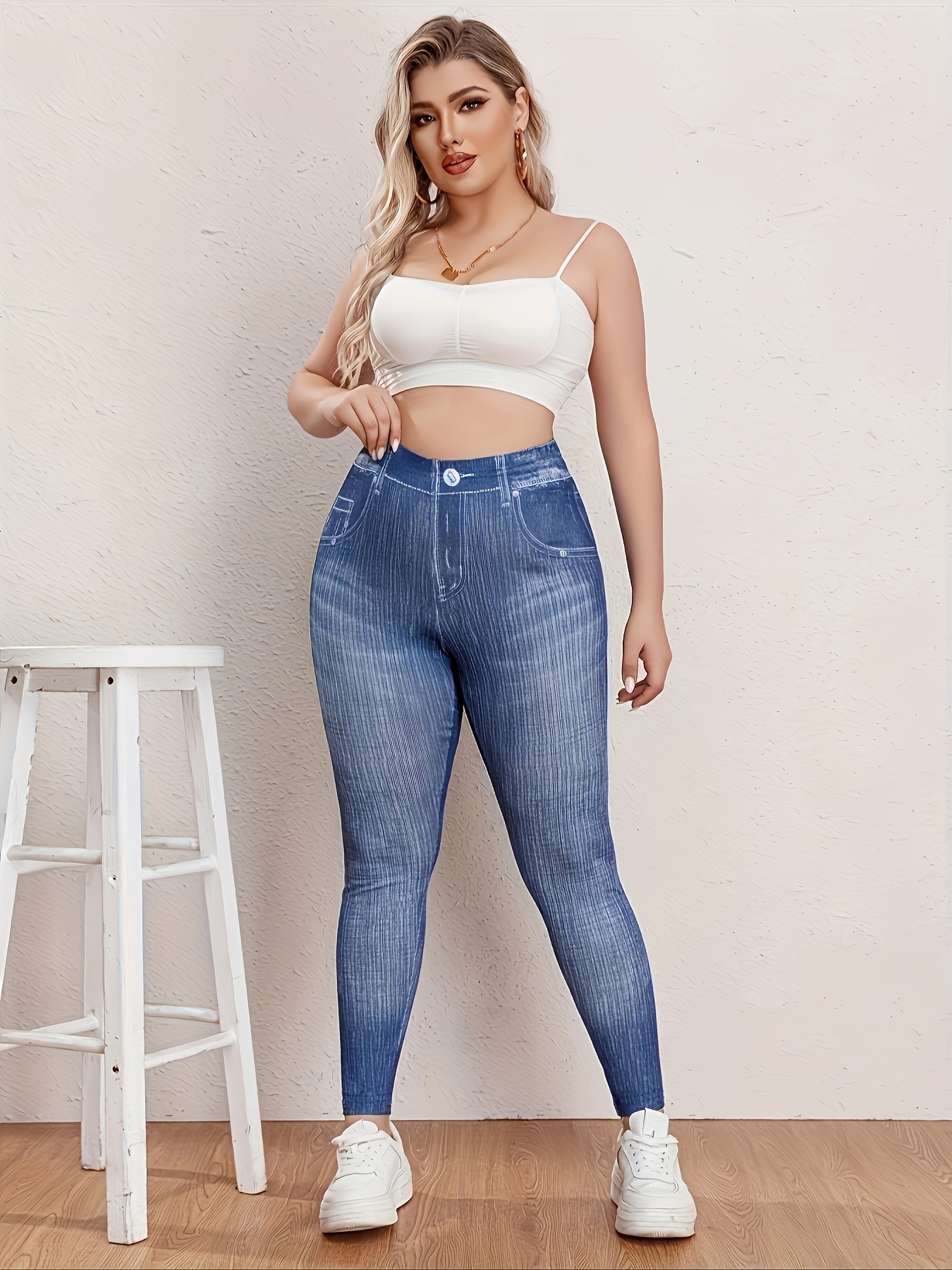 Plus Size Casual Leggings Women's Plus Denim Print High - Temu