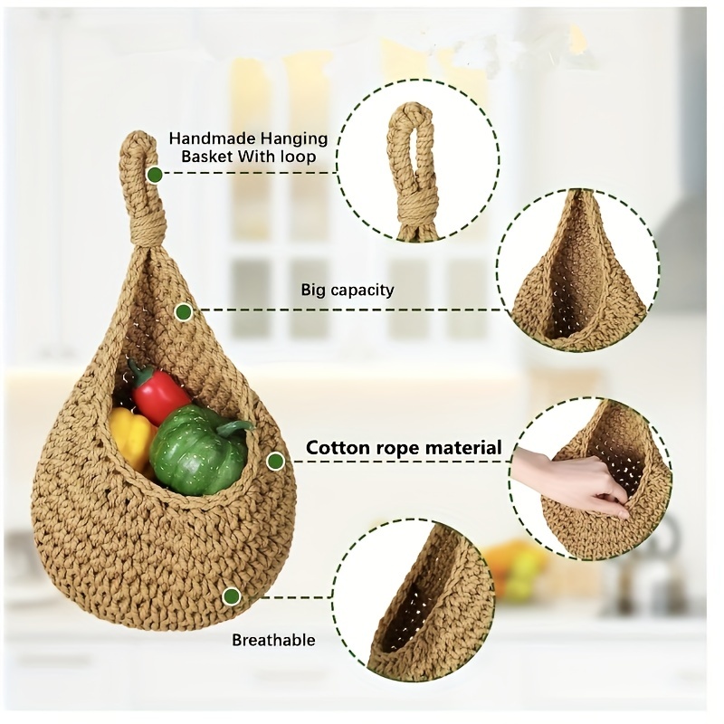 Kitchen Decor and Supplies Jute Hanging Fruit and Vegetable Baskets Rope  Hook Woven Bag Hanging Basket Rope Fruit Basket Pocket Kitchen Storage Bag