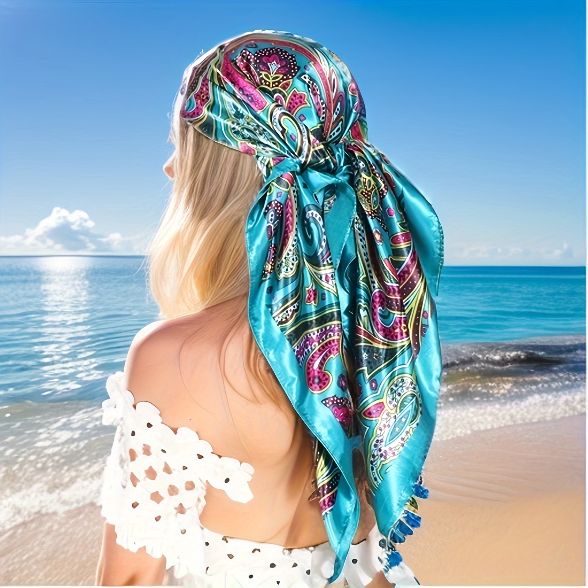 

35.4" Satin Paisley Printed Square Scarf, Vintage Thin Smooth Sunscreen Headscarf, Spring Summer Windproof Versatile Shawl For Women