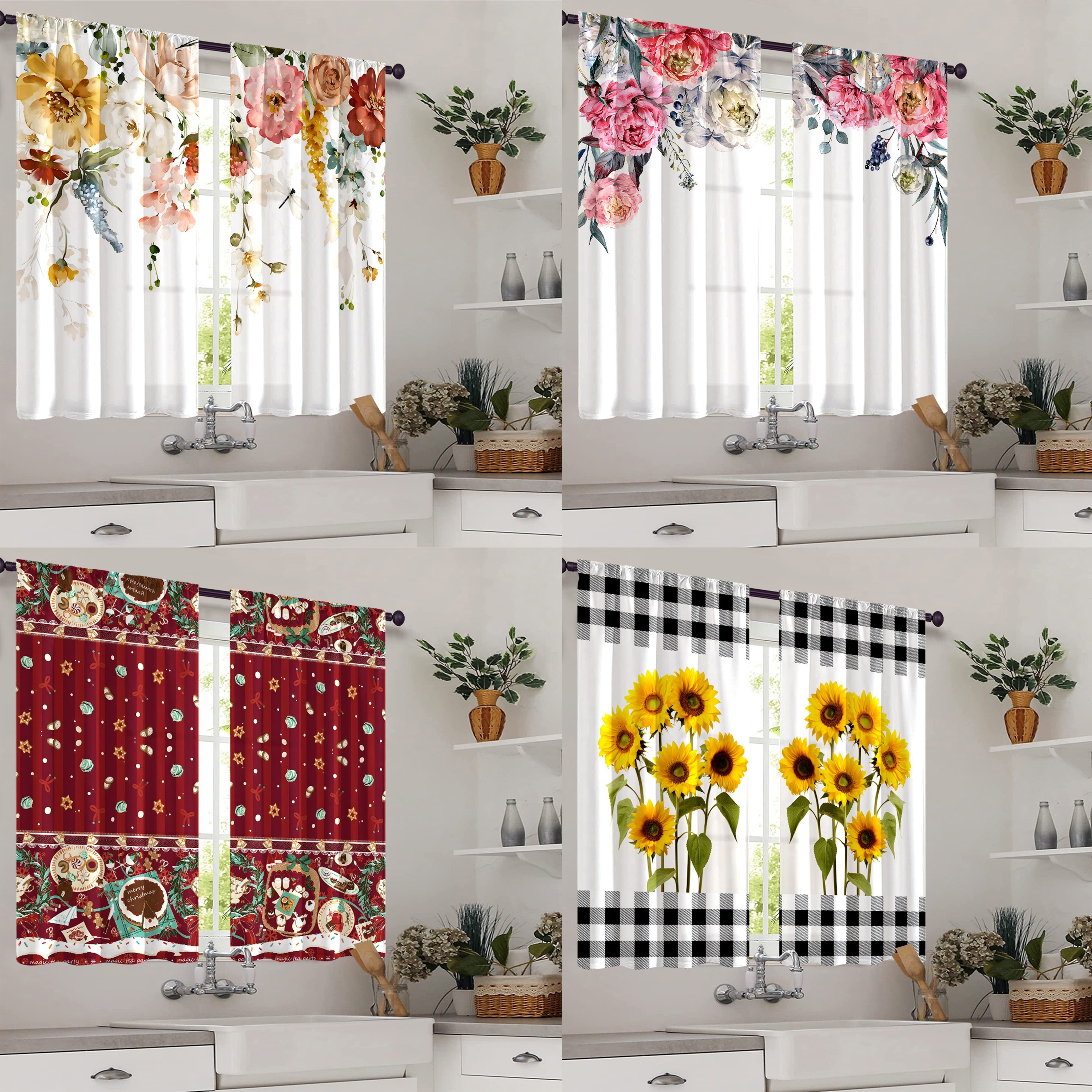 Cortinas cortas de algodón blanco para cocina, cortinas bordadas de estilo  rural, paneles de cortina filtrante de luz de media ventana, para