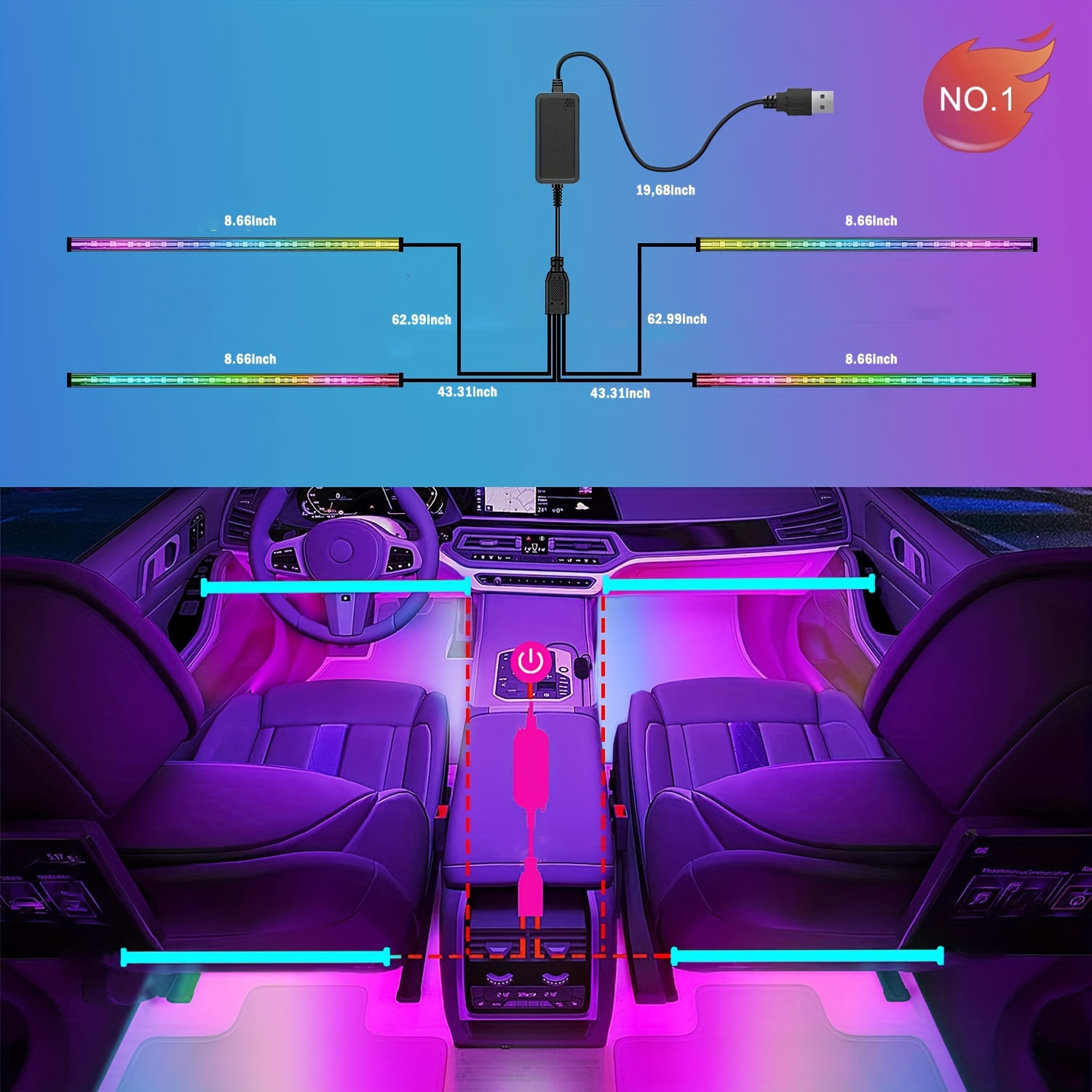 Winzwon Car Led Lights Interior 4 Pcs 48 Led Strip Light For Car With Usb  Port A