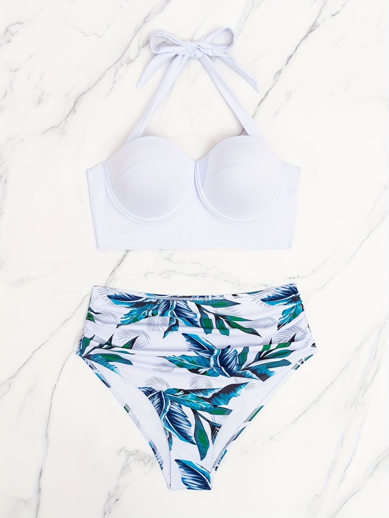Plus Size Elegant Bikini Set, Women's Plus Solid Molded Cup Halter Bra &  Ruched Tropical Print Panty Swimsuit - Temu