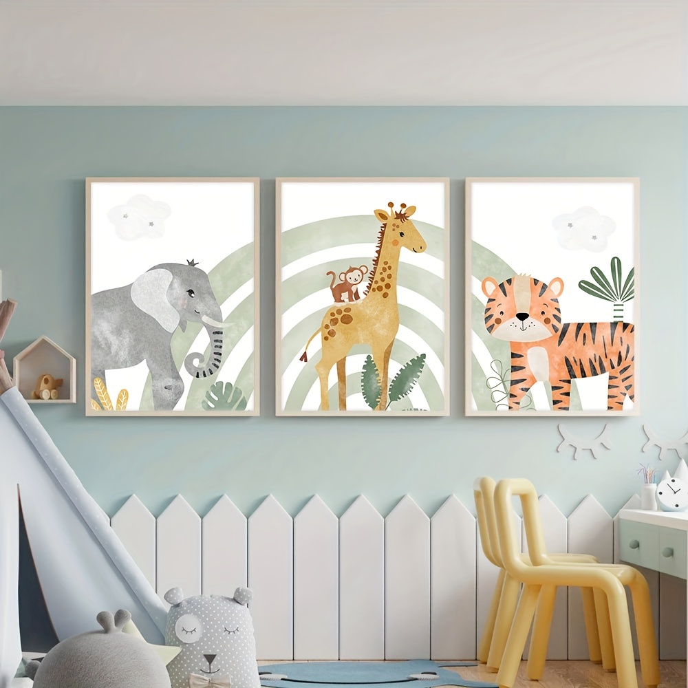Papel pintado infantil elefantes, tigres y jirafas en la