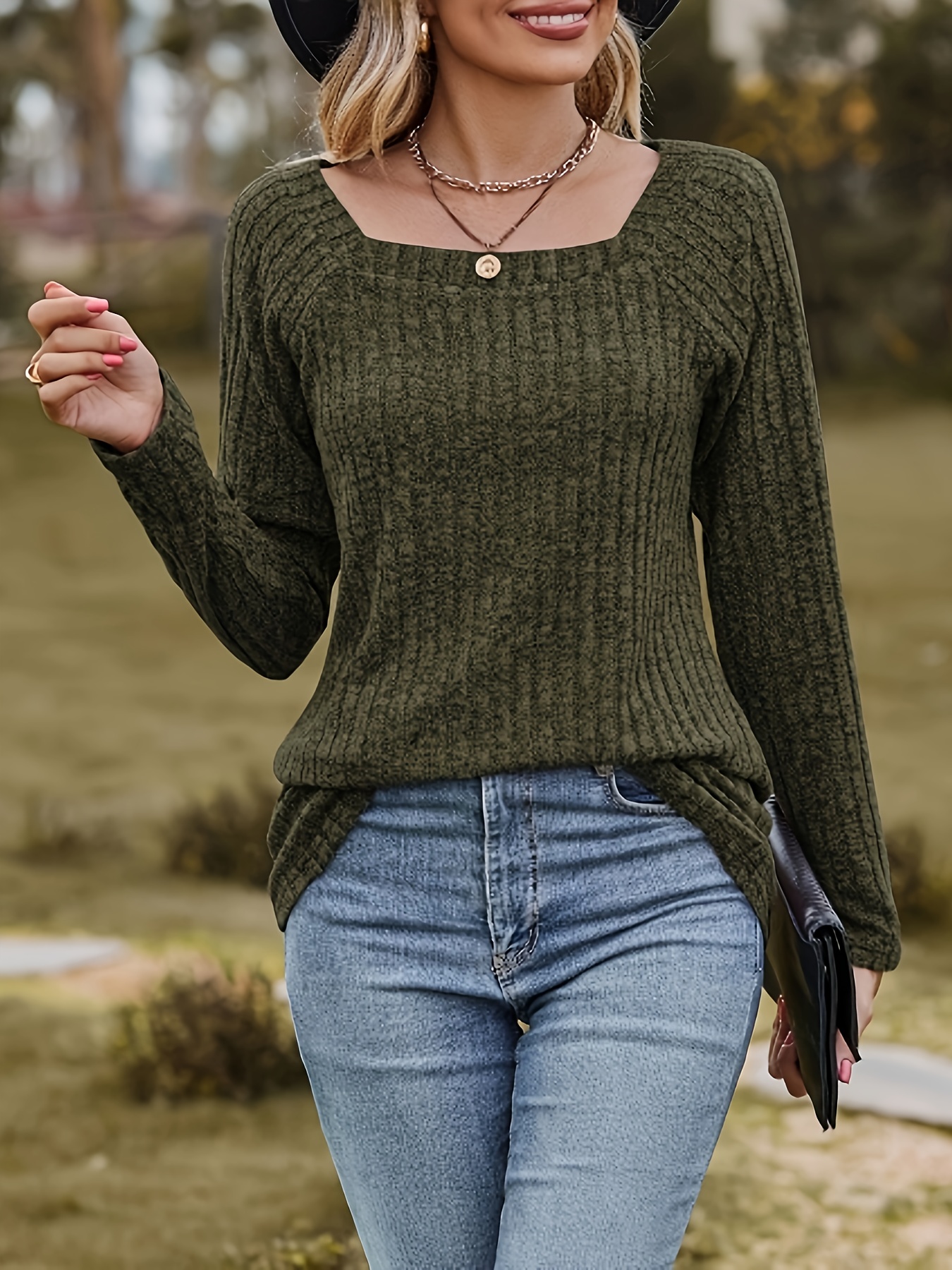 Plus Brown Ribbed Knitted Long Sleeve Collar Top