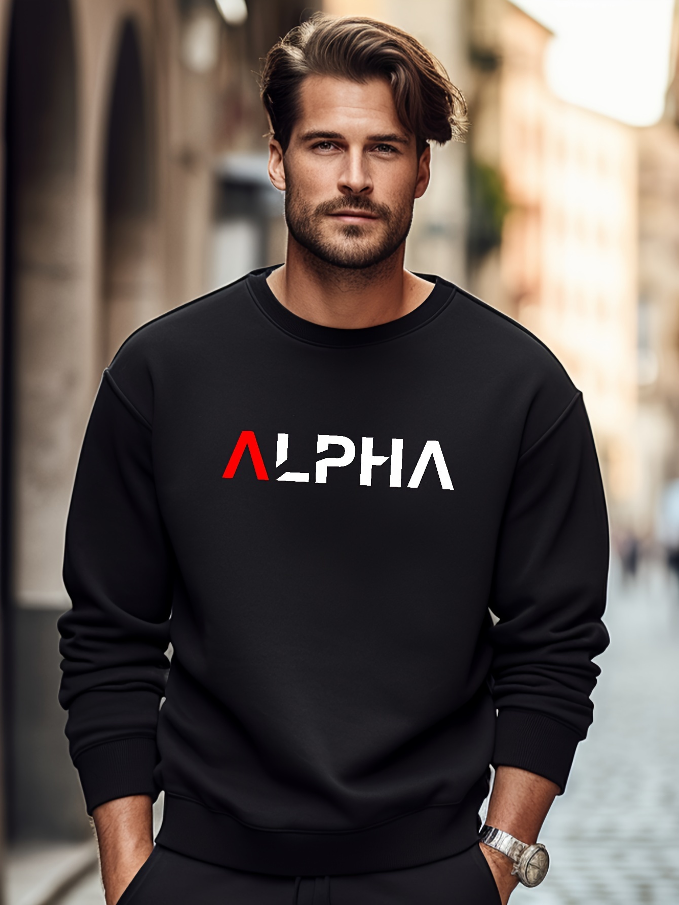 Alpha Letter - Trendy Casual Sweatshirt Print Solid Men\'s Temu