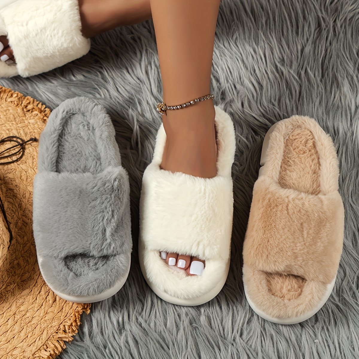 

Cozy Fluffy Furry House Slippers, Single Band Open Toe Platform Fuzzy Shoes, Comfy Warm Home Slippers