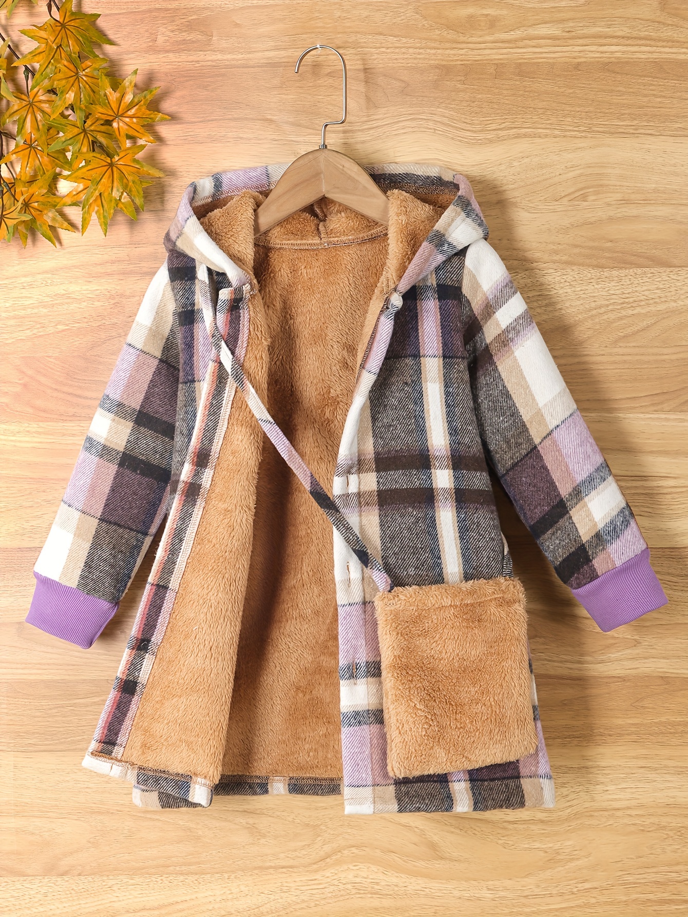 Girl's Fleece Plaid Thick Hooded Coat Winter Kids Clothing - Temu Canada
