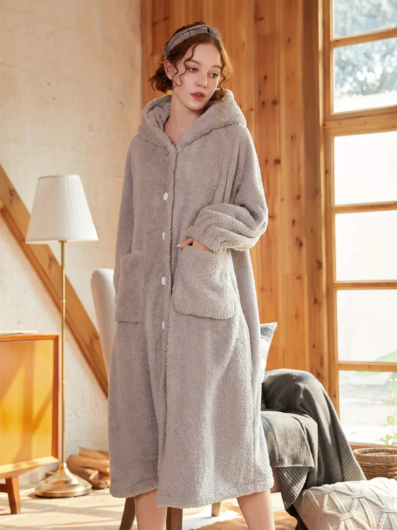 Solid Fuzzy Hooded Night Robe Long Sleeve Buttons Robe - Temu