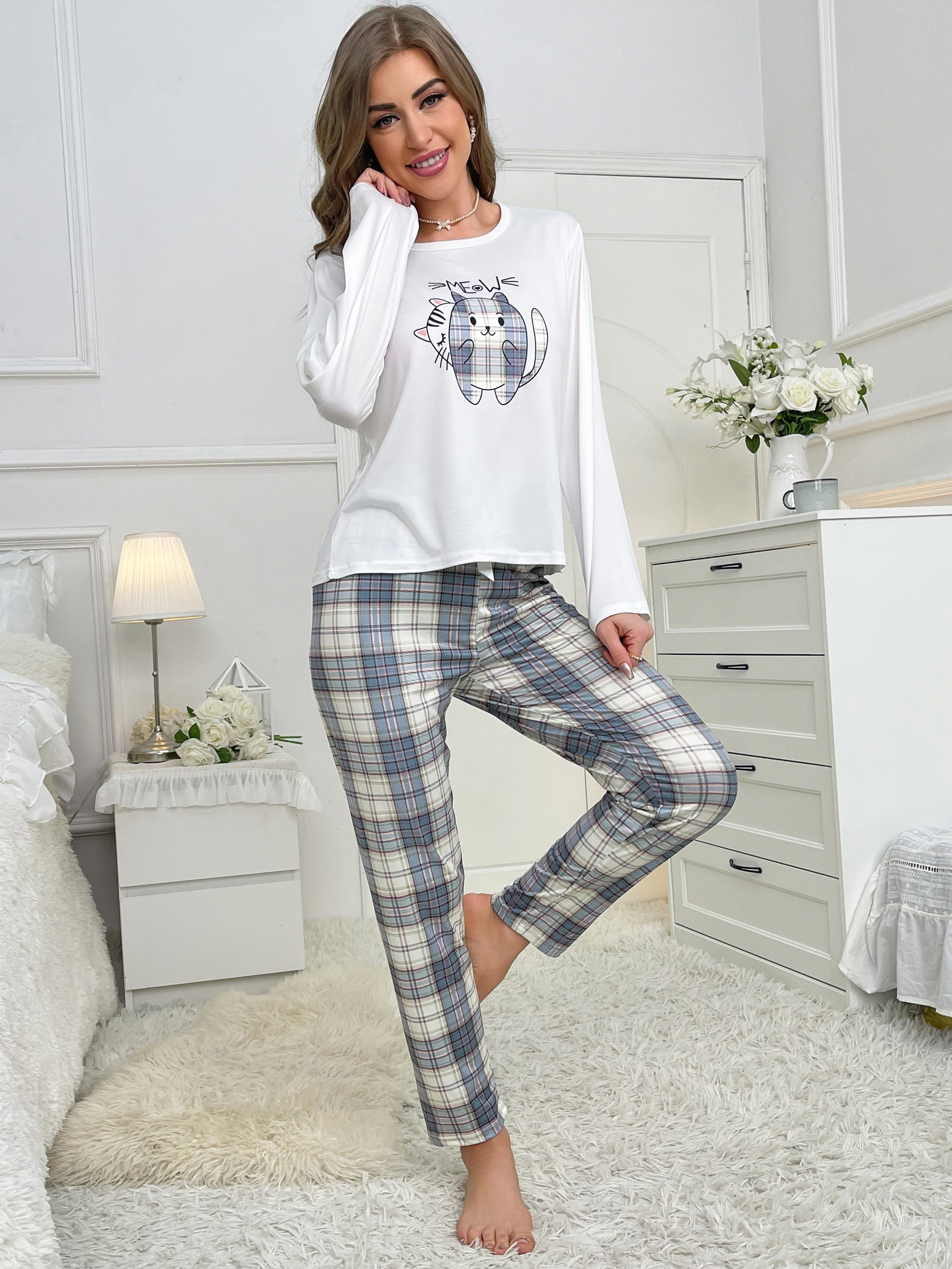 Cozy Flannel Womens Pajama Set Pjs Cartoon Cat Design, Warm And