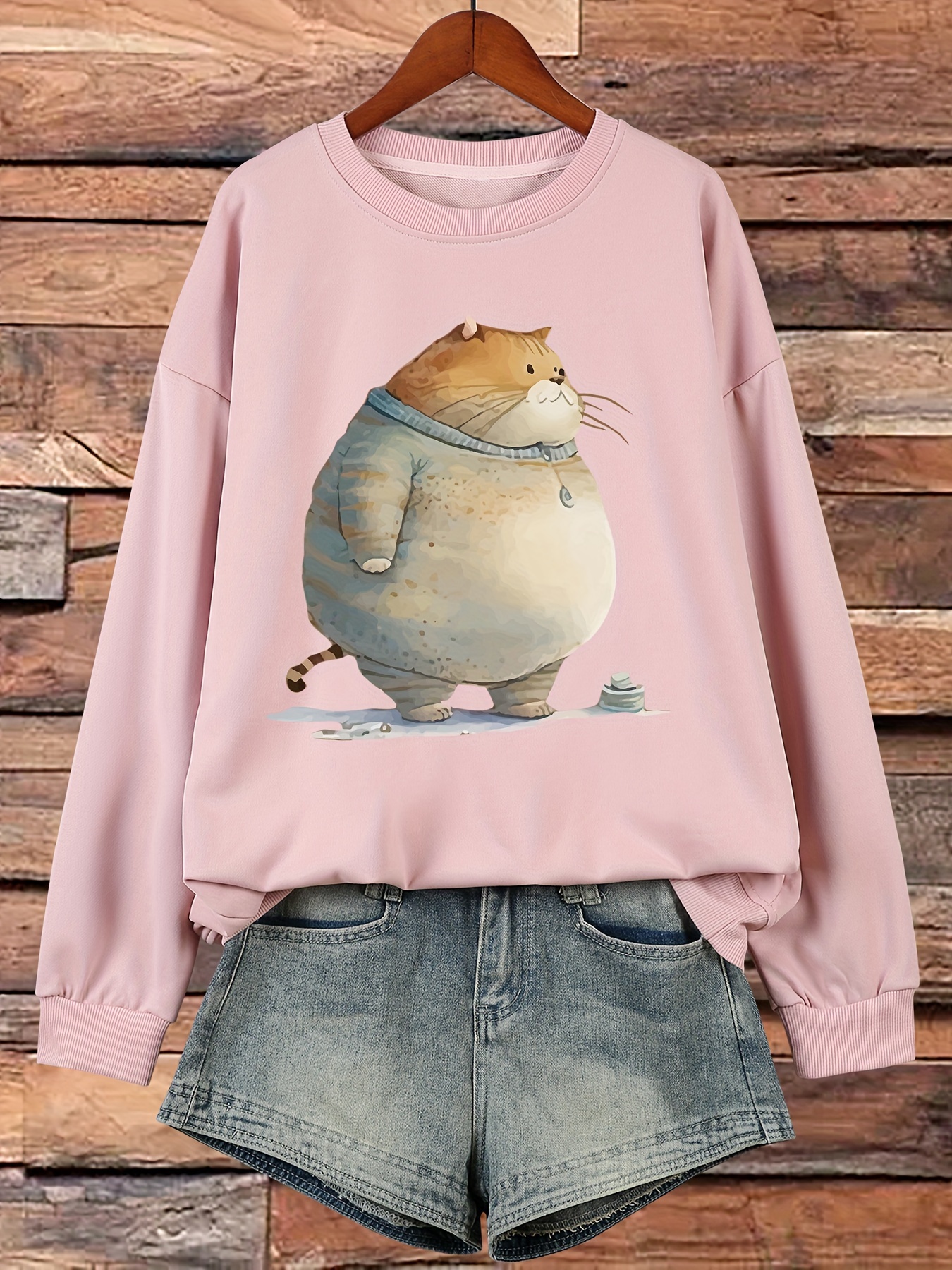 Plus Size Cat Print Sweatshirt Crew Neck Casual Sweatshirt Temu