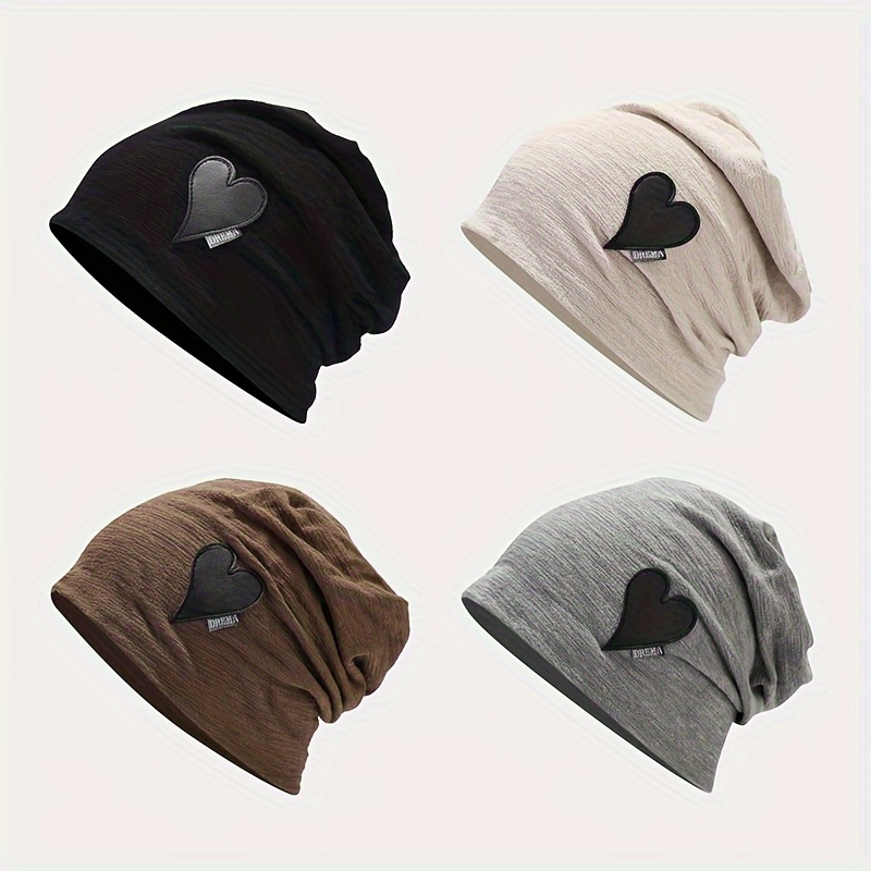 

Trendy Heart Patch Slouchy Beanie Classic Solid Color Warm Skull Cap Lightweight Beanies Elastic Chemo Cap For Women Daily Use Autumn & Winter
