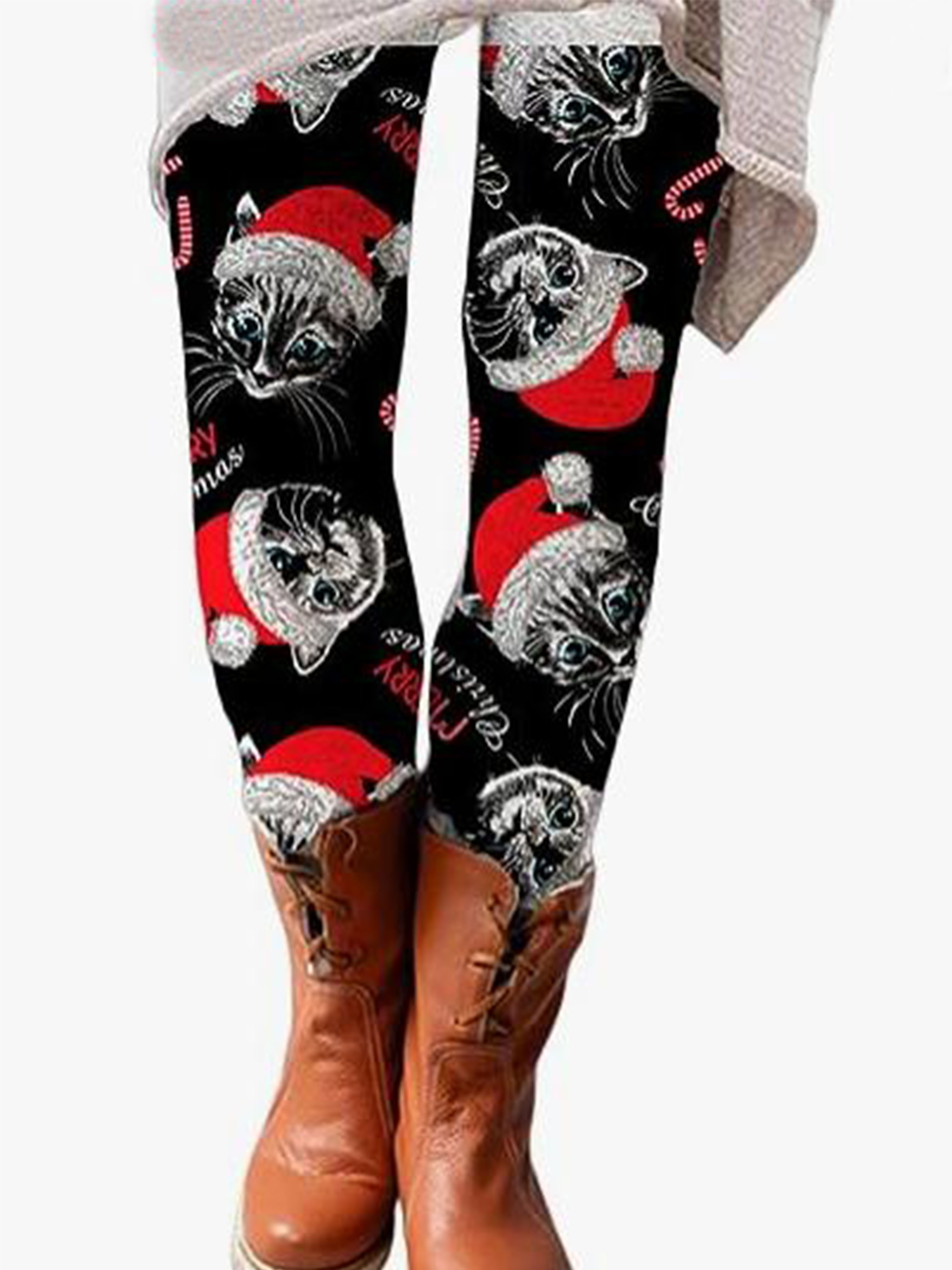 Plus Size Christmas Leggings, Women's Plus Christmas Hat Cat Print Liner  Fleece Elastic High * High Stretch Leggings
