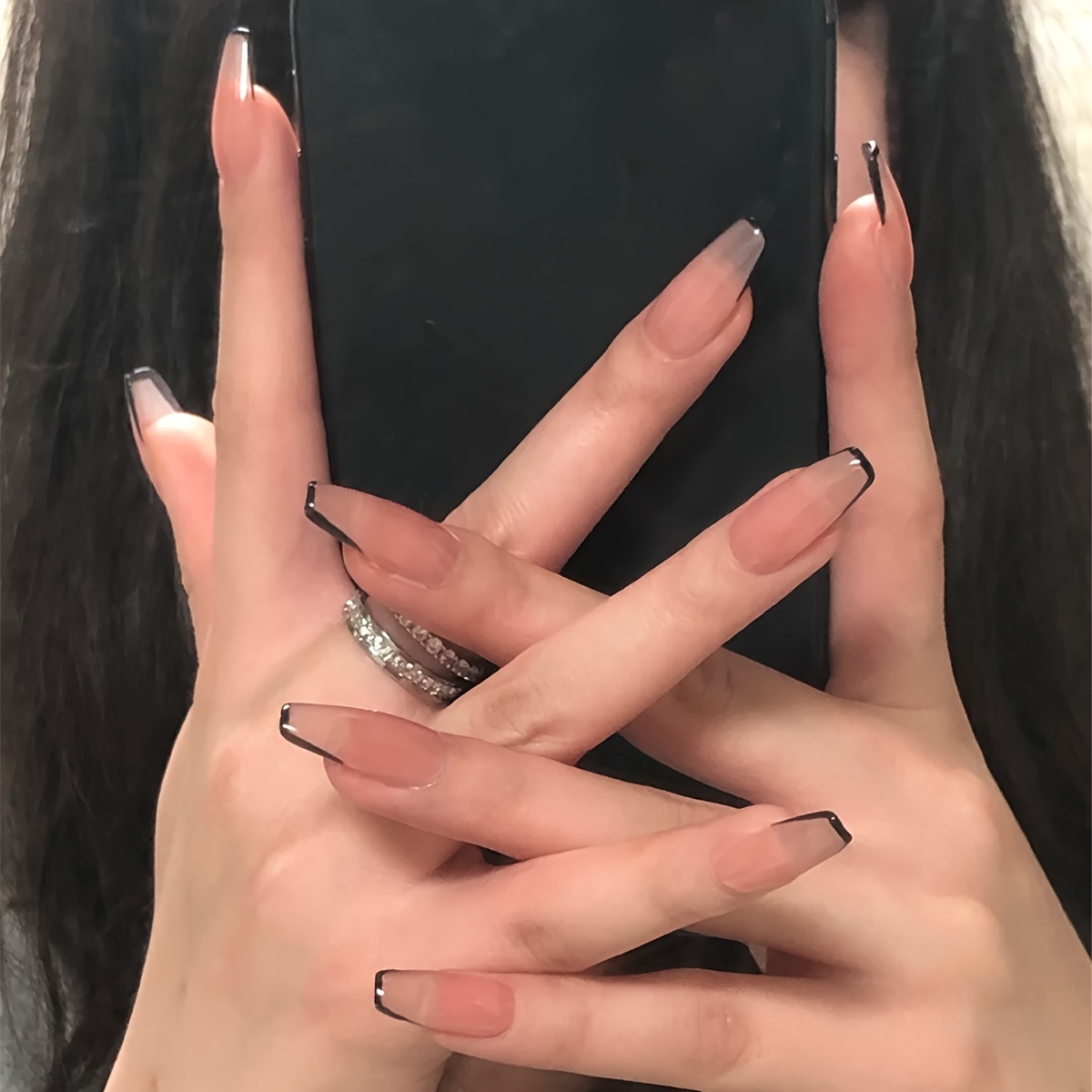 French Tips Press On Nails Medium Nude Coffin Fake Nails - Temu