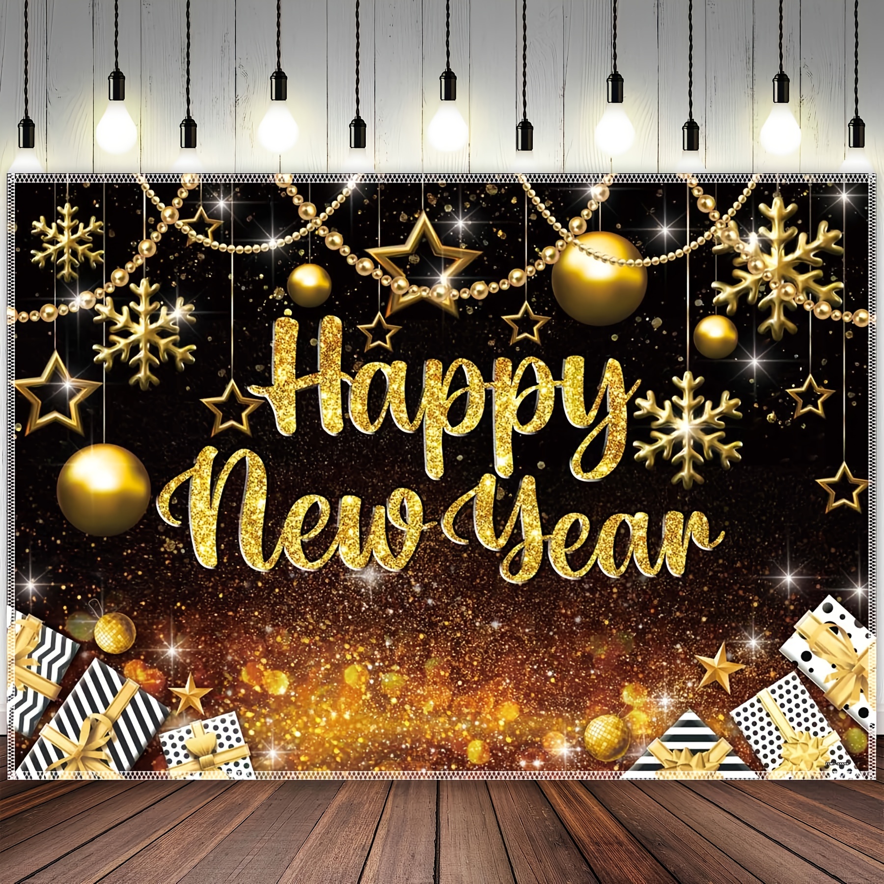 Black And Golden Happy New Year Polyester Photography Backdrop