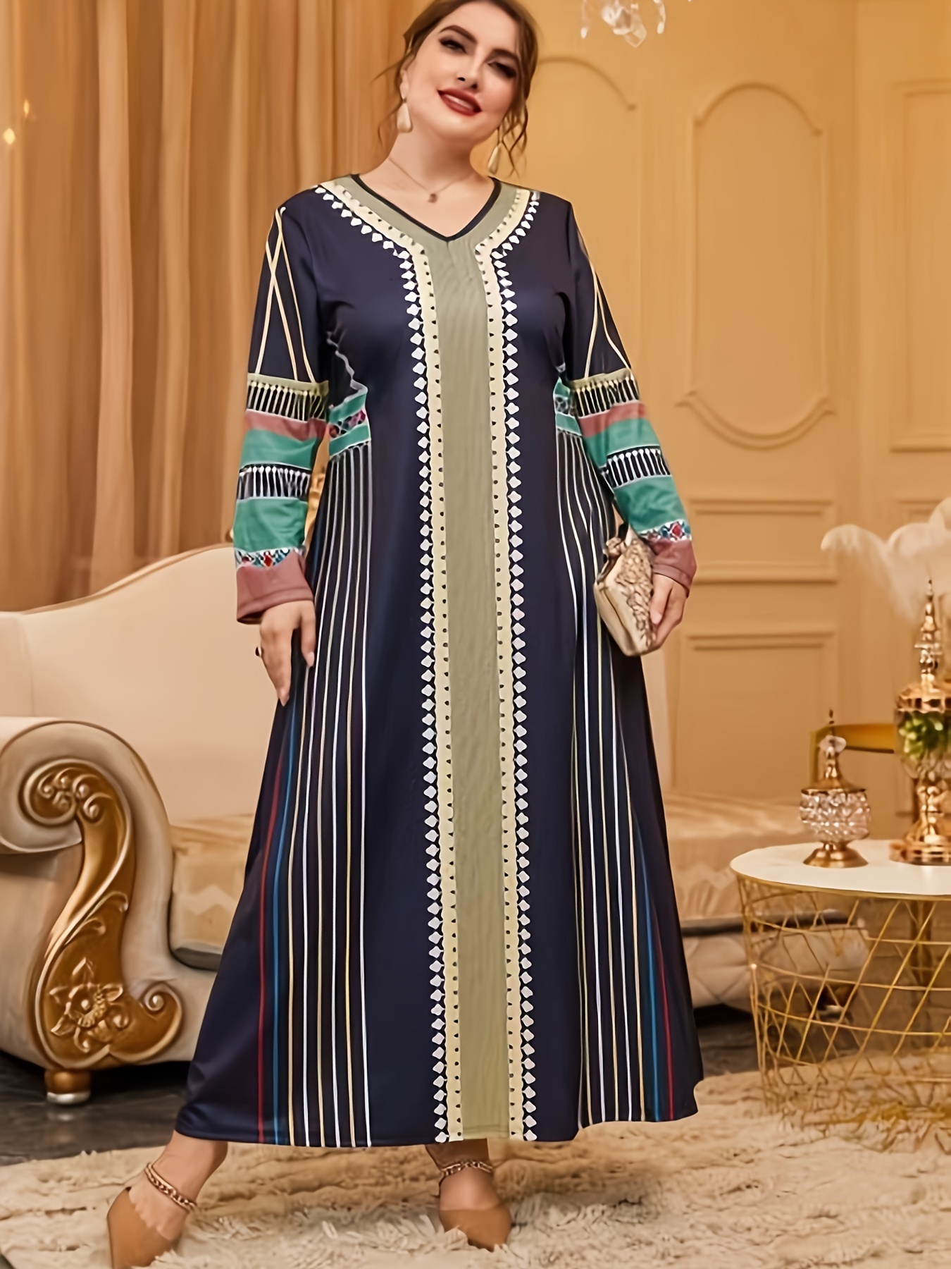 ethnic allover print dress v neck long sleeve maxi dress womens clothing