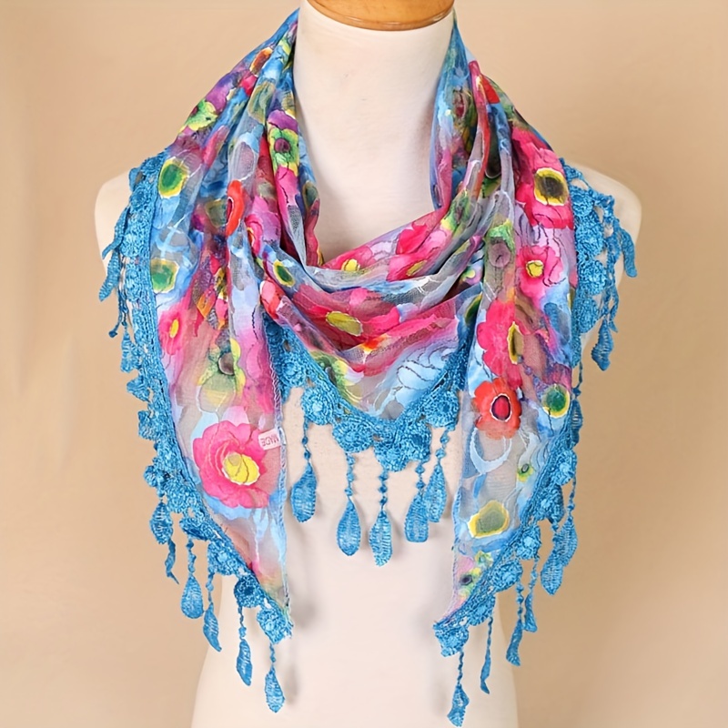 Colorful Embroidered Lace Triangle Scarf Thin Breathable Tassel Shawl