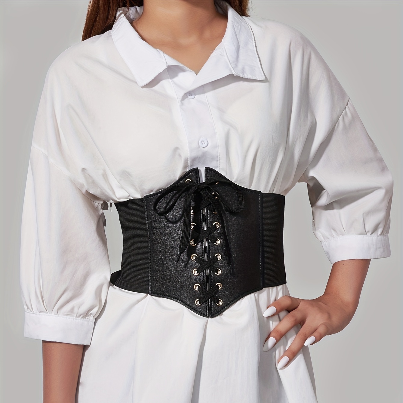 Gothic Lace Up Wide PU Belt Black Punk Bowknot Elastic Corset Waspie Belt  Vintage Dress Coat Girdle For Women