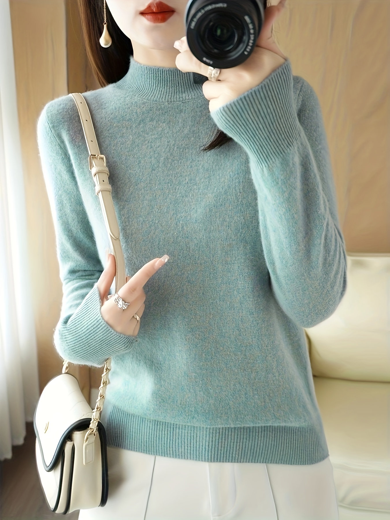 solid mock neck knitted top versatile long sleeve slim sweater womens clothing light green 0