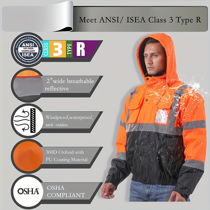 Chaqueta reflectante 3 en 1, 10 bolsillos, chaquetas de construcción ANSI  clase 3, chaquetas de trabajo de invierno para hombre