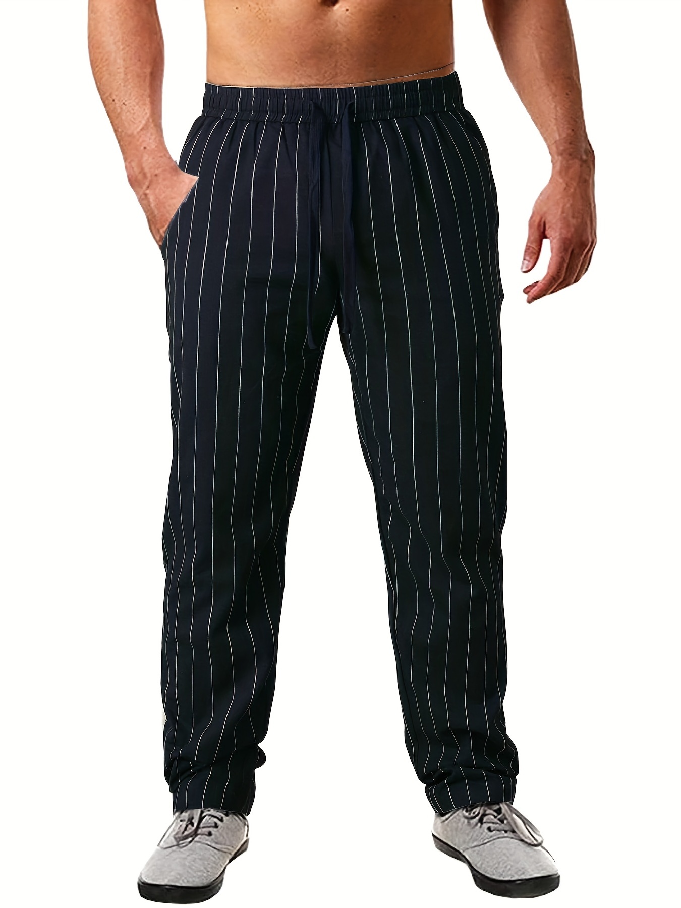 Men's Stripe Casual Pants Drawstring Comfy Loose Trousers - Temu