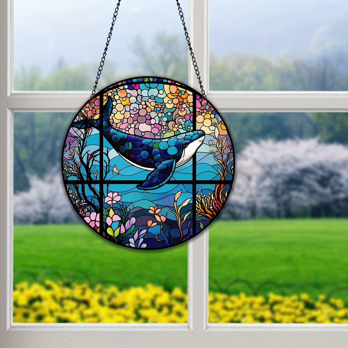 Stained Glass Suncatcher Whale. Blue Sun Catcher Home House Decor. Window  Wall Decoration Pendant 