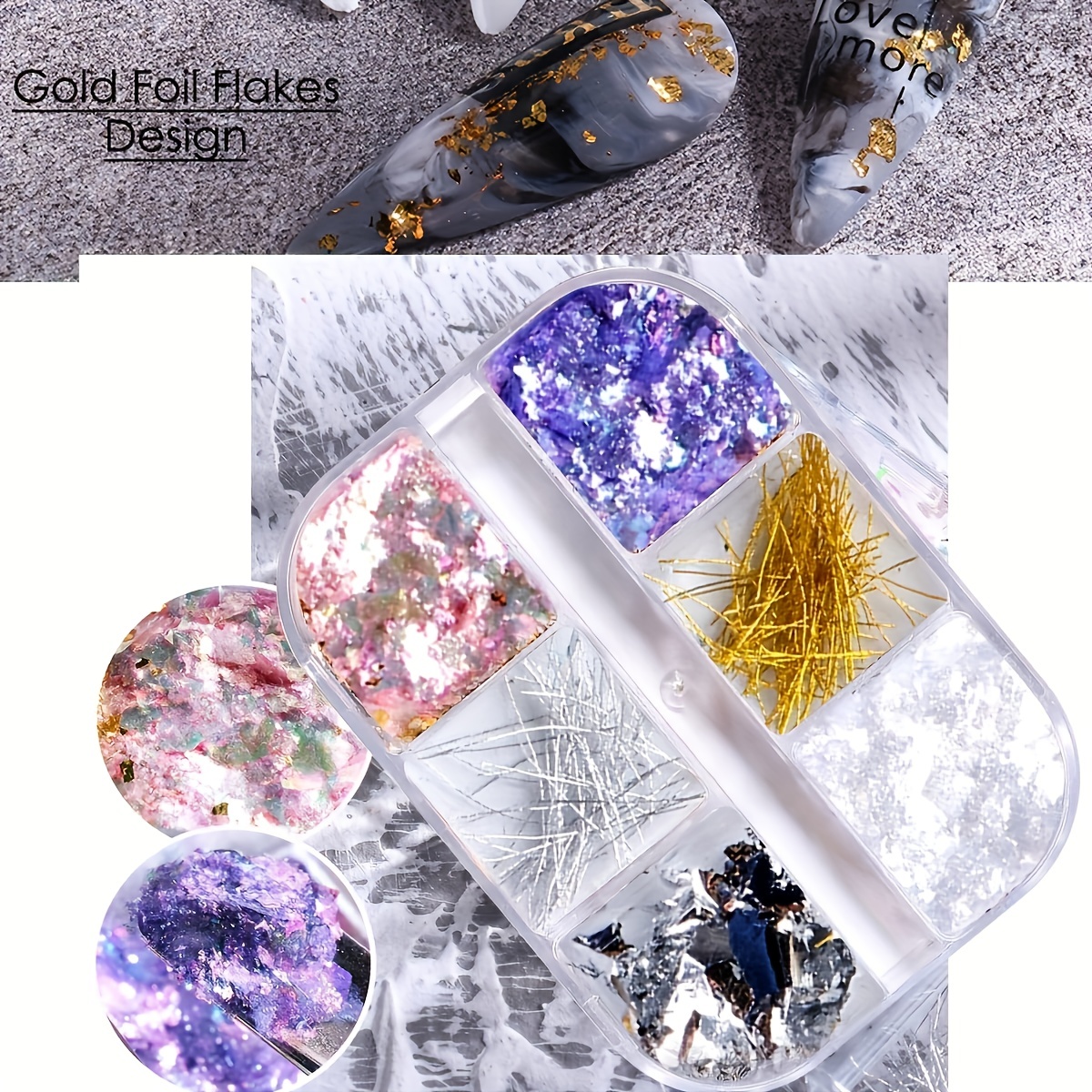 3D Holographic Nail Foil Glitters Kit, 3D Nails Acrylic Glitter Metallic  Shining Flakes, 6 Grids Metallic Golden Silver Aluminum Foil Glitter Powders