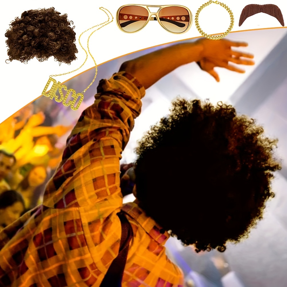 Lvefyti 5 Stück Disco Kostüm Set, 70er Jahre Bekleidung Herren Afro Perücke  Sonnenbrille Halskette Herrenhemd kostüm für 70s 80s Jahre Accessoires  Cosplay 70er Jahre Kostüm Thema Party Disco Fever(M) : : Spielzeug