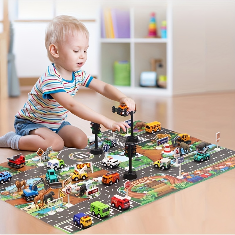 Alfombra de juegos para niños, alfombra de juego de vida urbana para autos  de juguete y trenes, alfombra de área de juegos con respaldo de goma