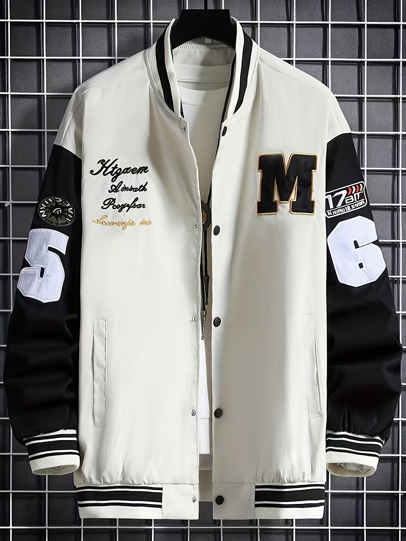 Embroidery Varsity Jacket, Men's Casual Color Block Button Up Jacket For  Spring Fall School Baseball