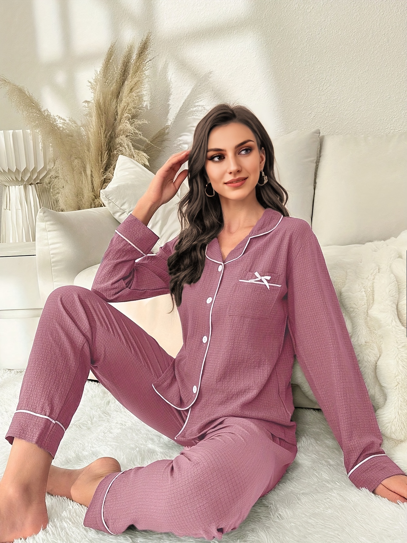 Solid Lounge Set Casual Comfy Long Sleeve Button Top + - Temu Canada