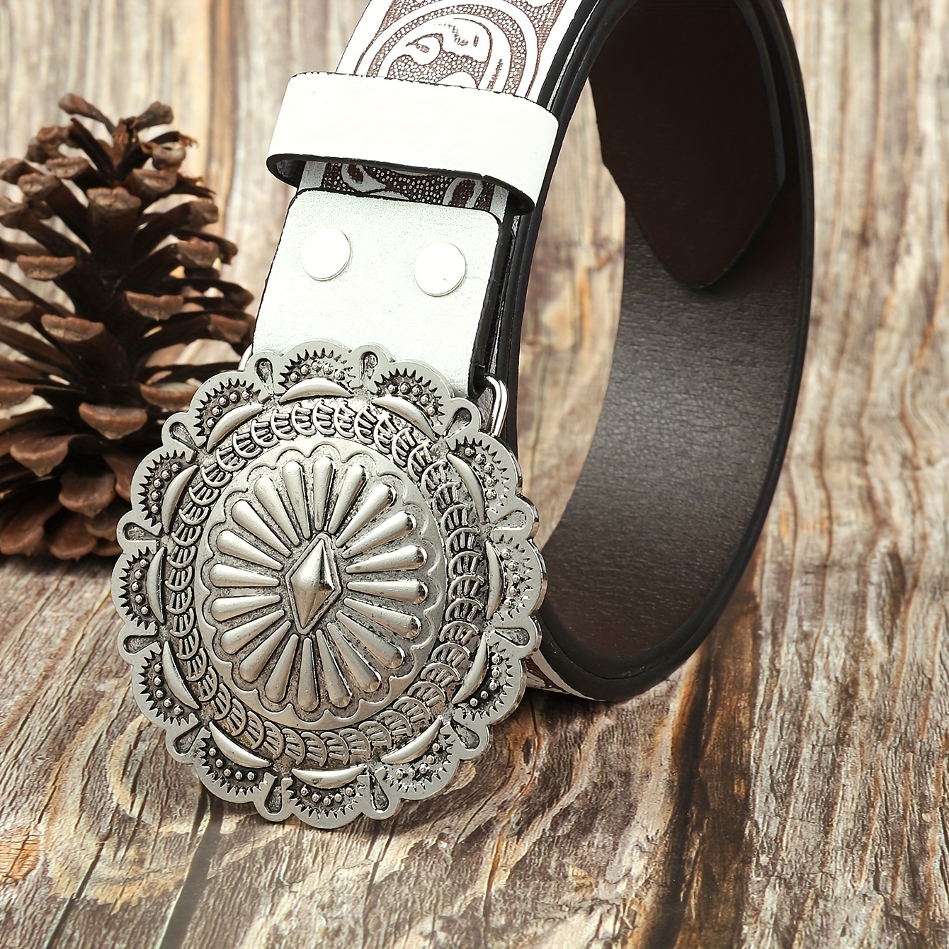 Boho White Embossed Pu Leather Belt Round Flower Carved - Temu Canada