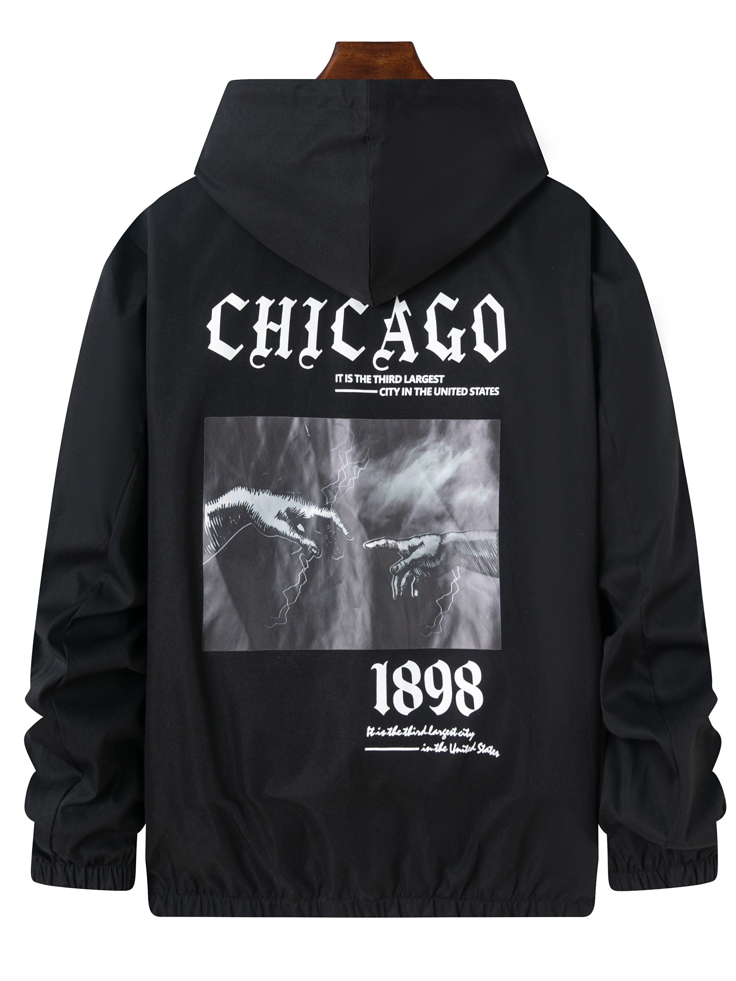 chicago Print Hoodie With Kangaroo Pocket, Men's Casual Pullover