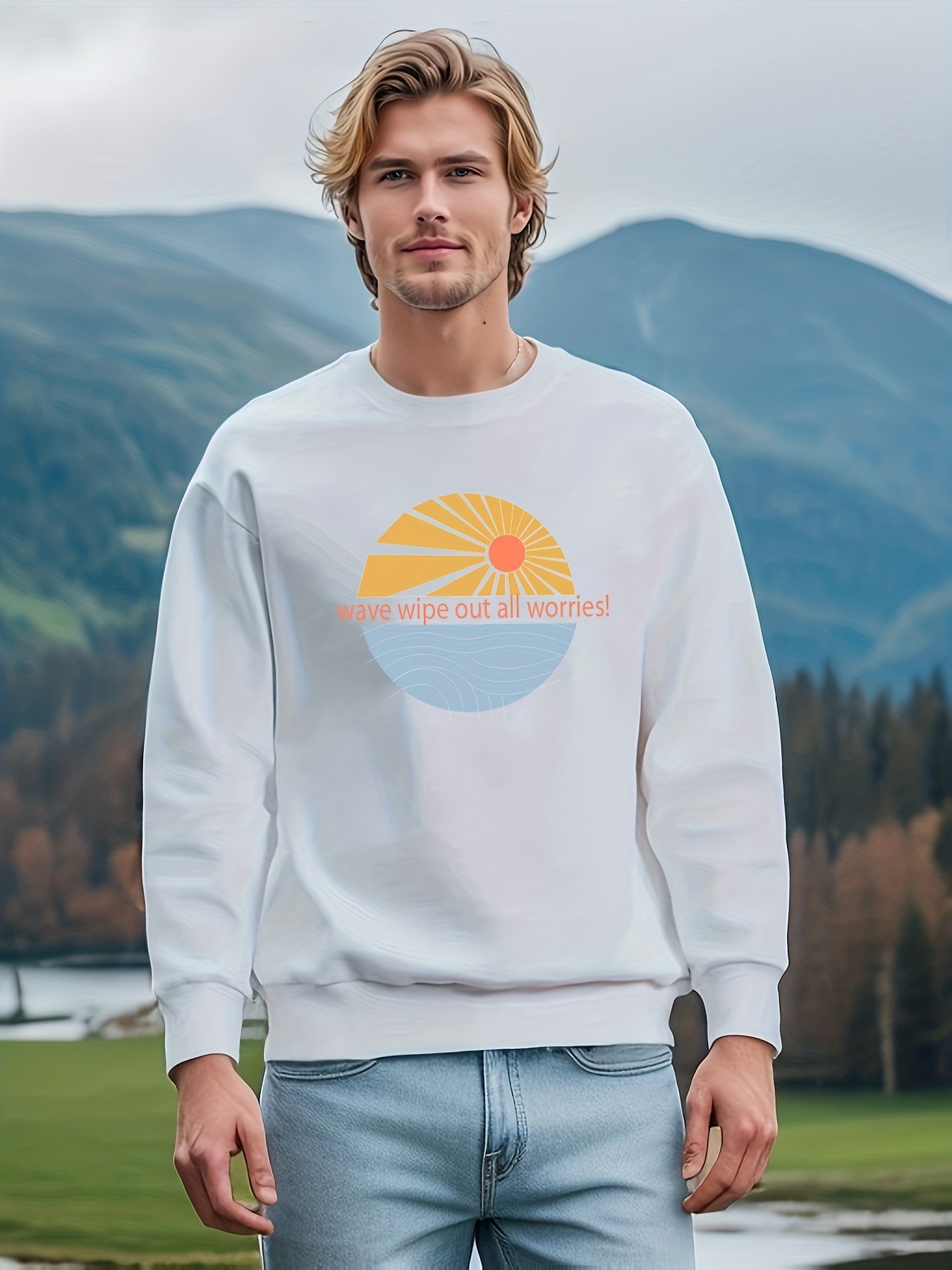 Sun & Sea Print Trendy Sweatshirt, Men's Casual Graphic Design