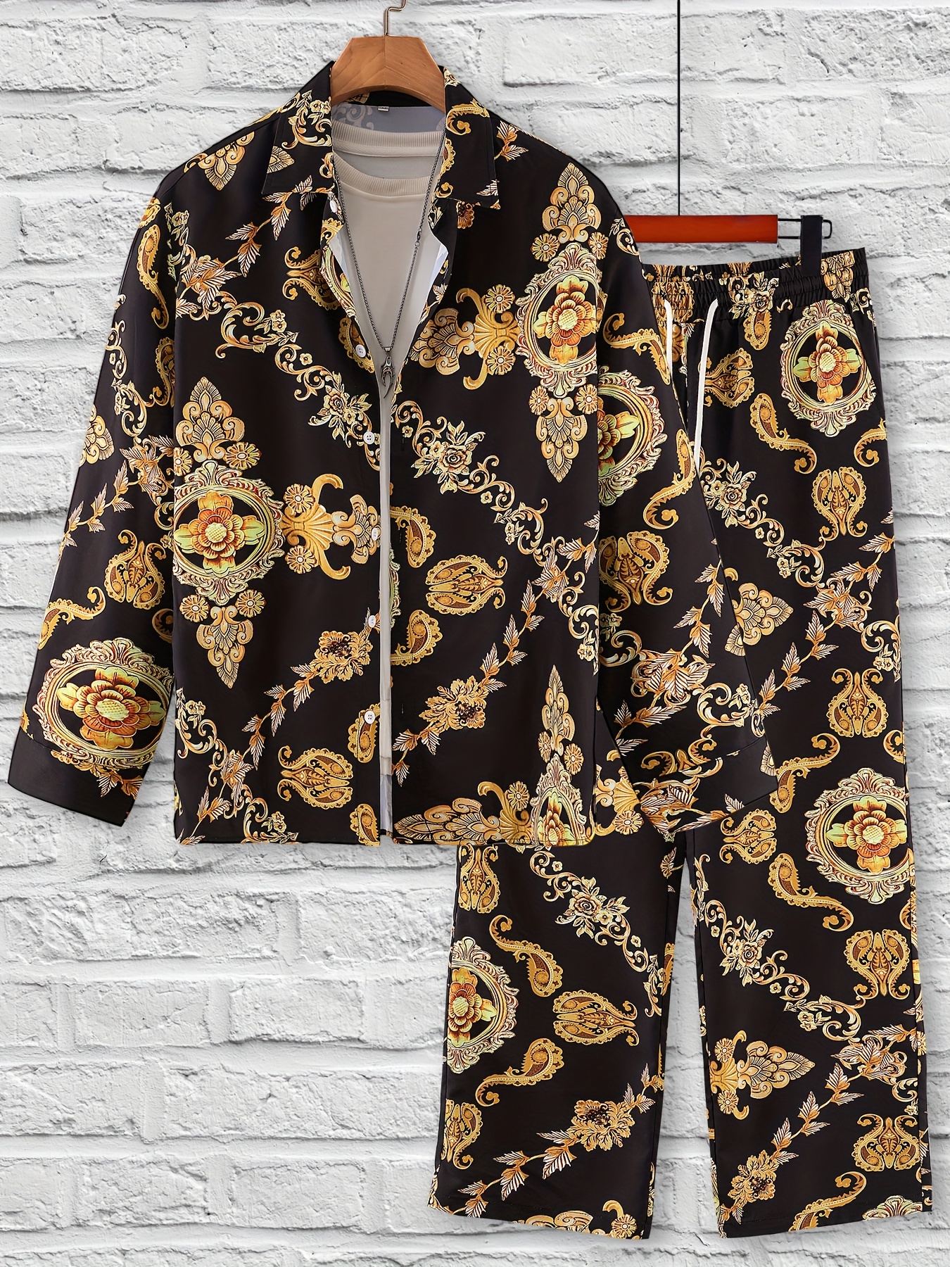 Men's Golden Chain Print Long Sleeve Bathrobe Homewear - Temu