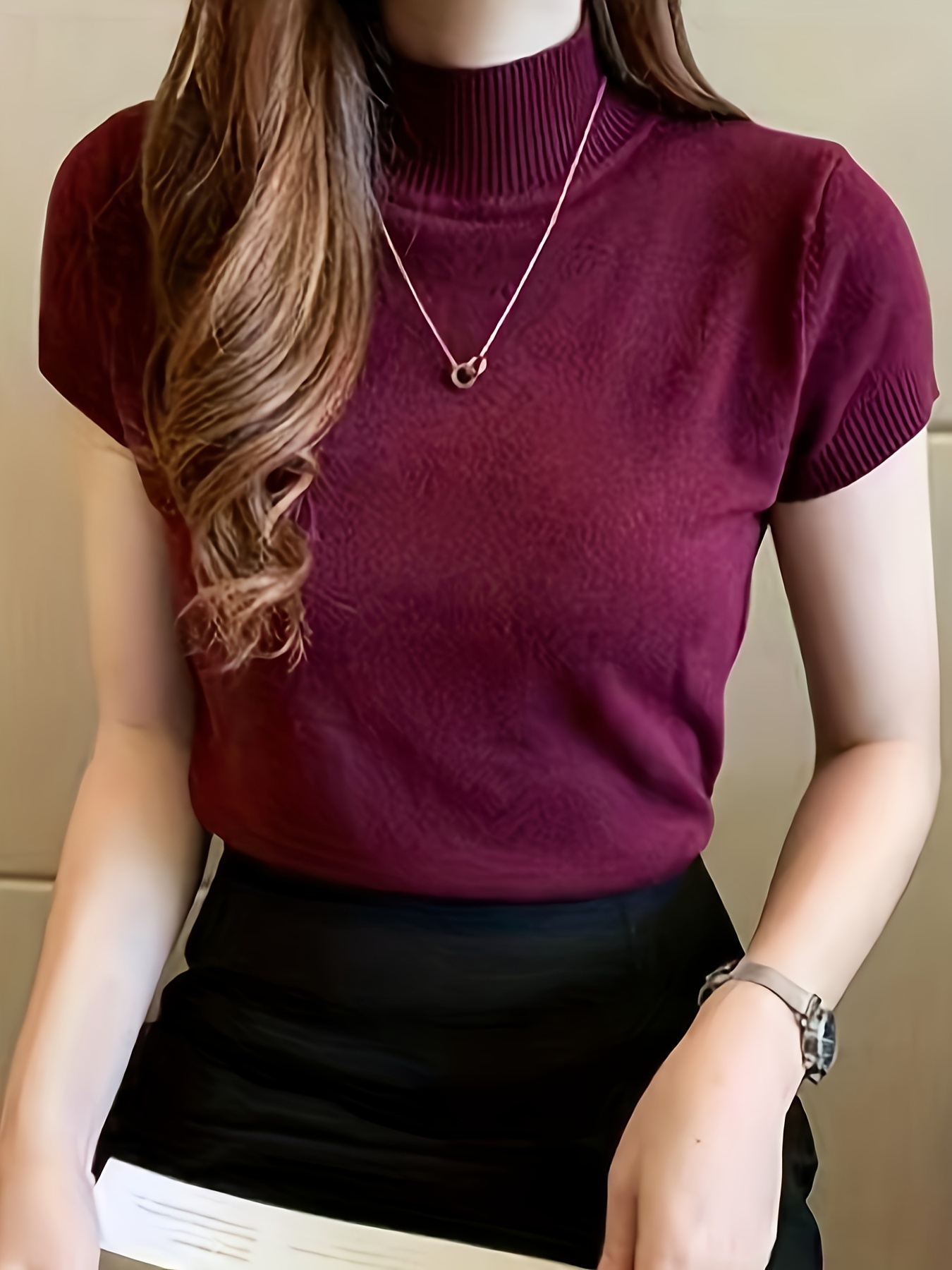 New Style Knitted Versatile Design Half-High Collar Short Sleeve Thin Pullover