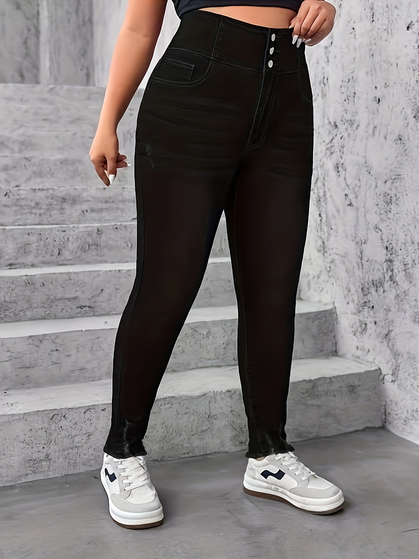 Women's Plus Size Solid Ripped High Rise Skinny Jeans