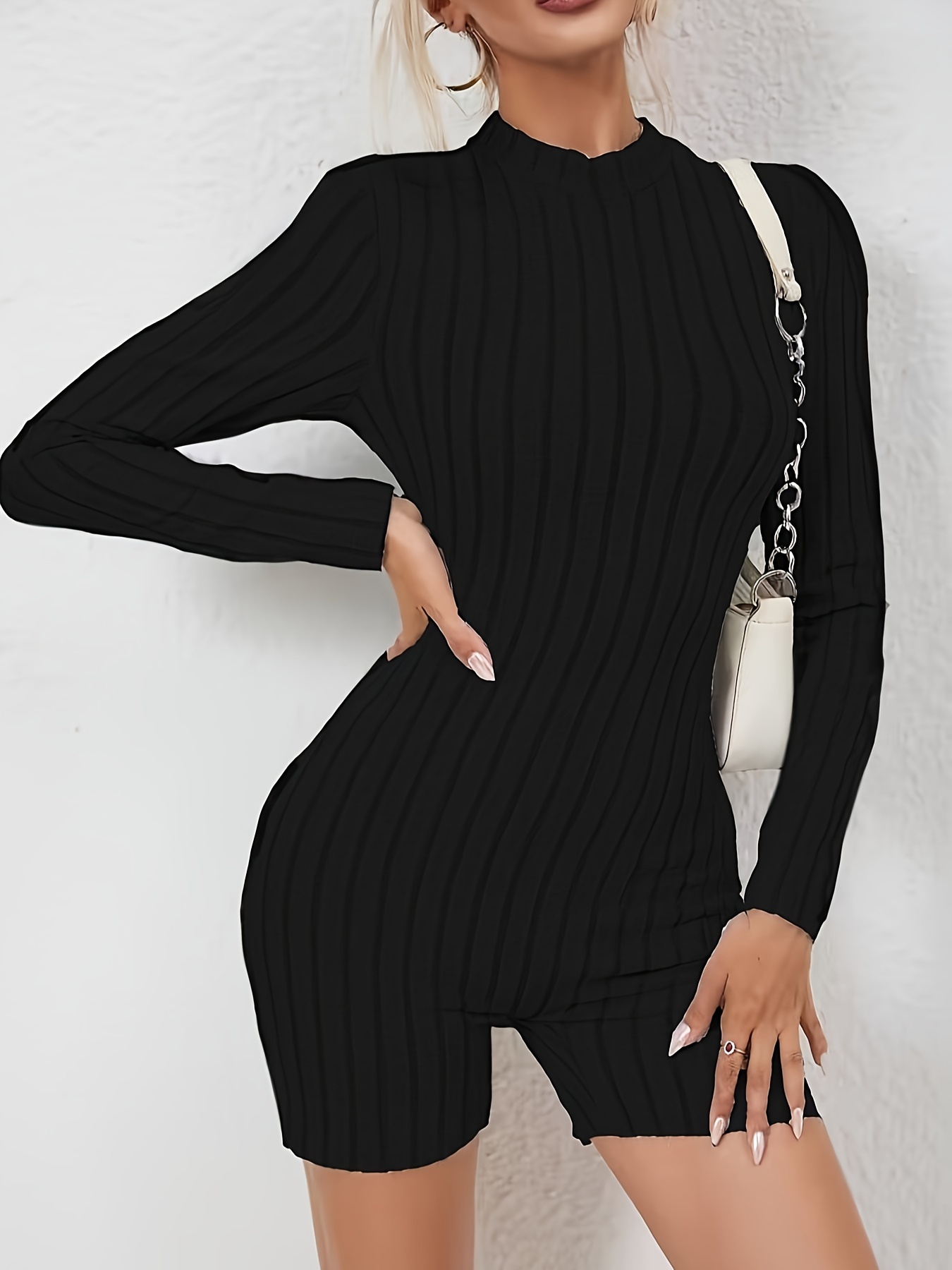 Women's White Tall Long Sleeve Zip Front Knitted Rib Bodysuit