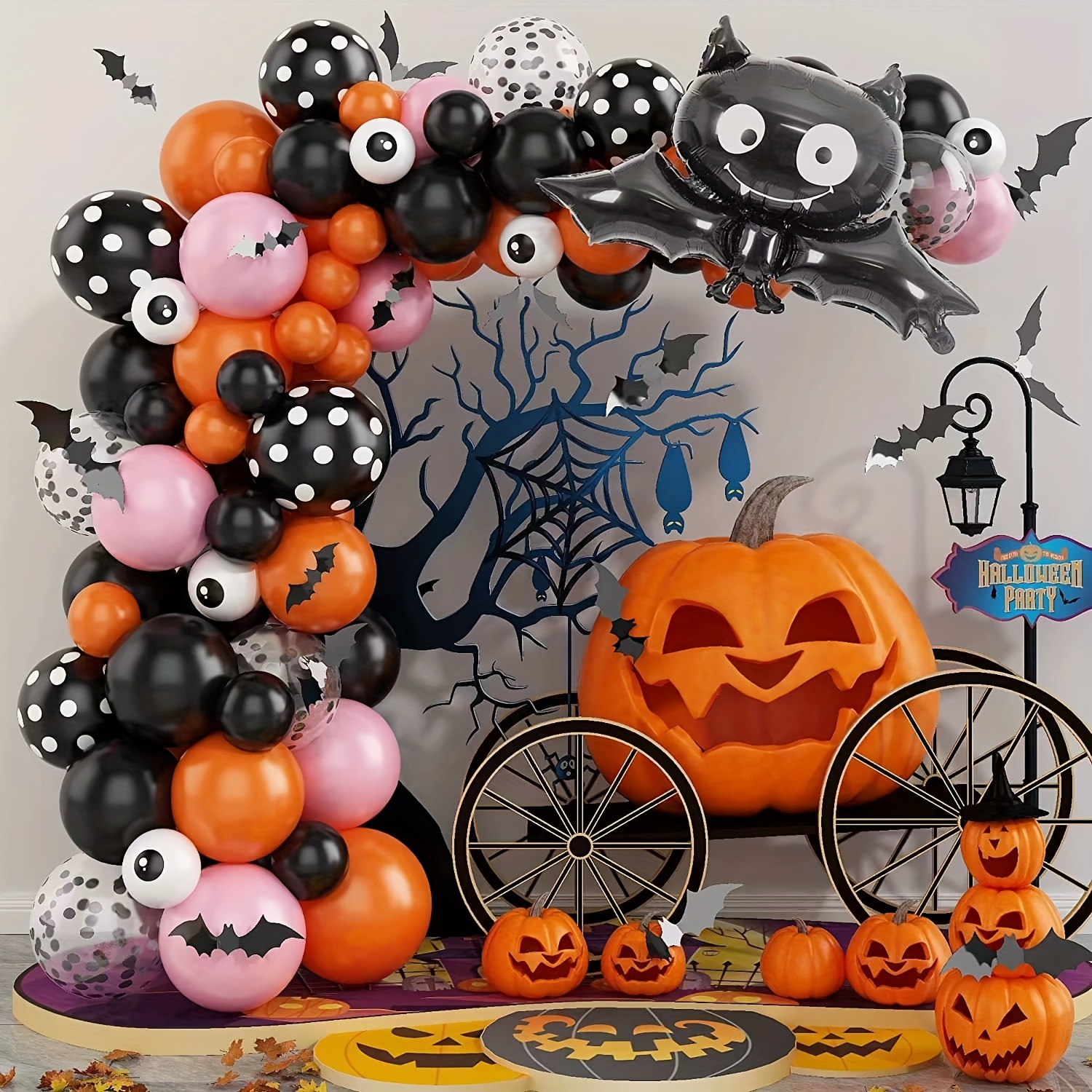 103pcs Orange Pink Confetti Balloons Halloween Spider Webs Kit