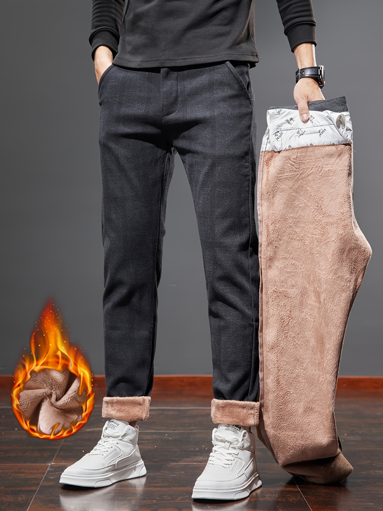 Pantalones casuales a cuadros retro de polar abrigados para hombre para  otoño invierno